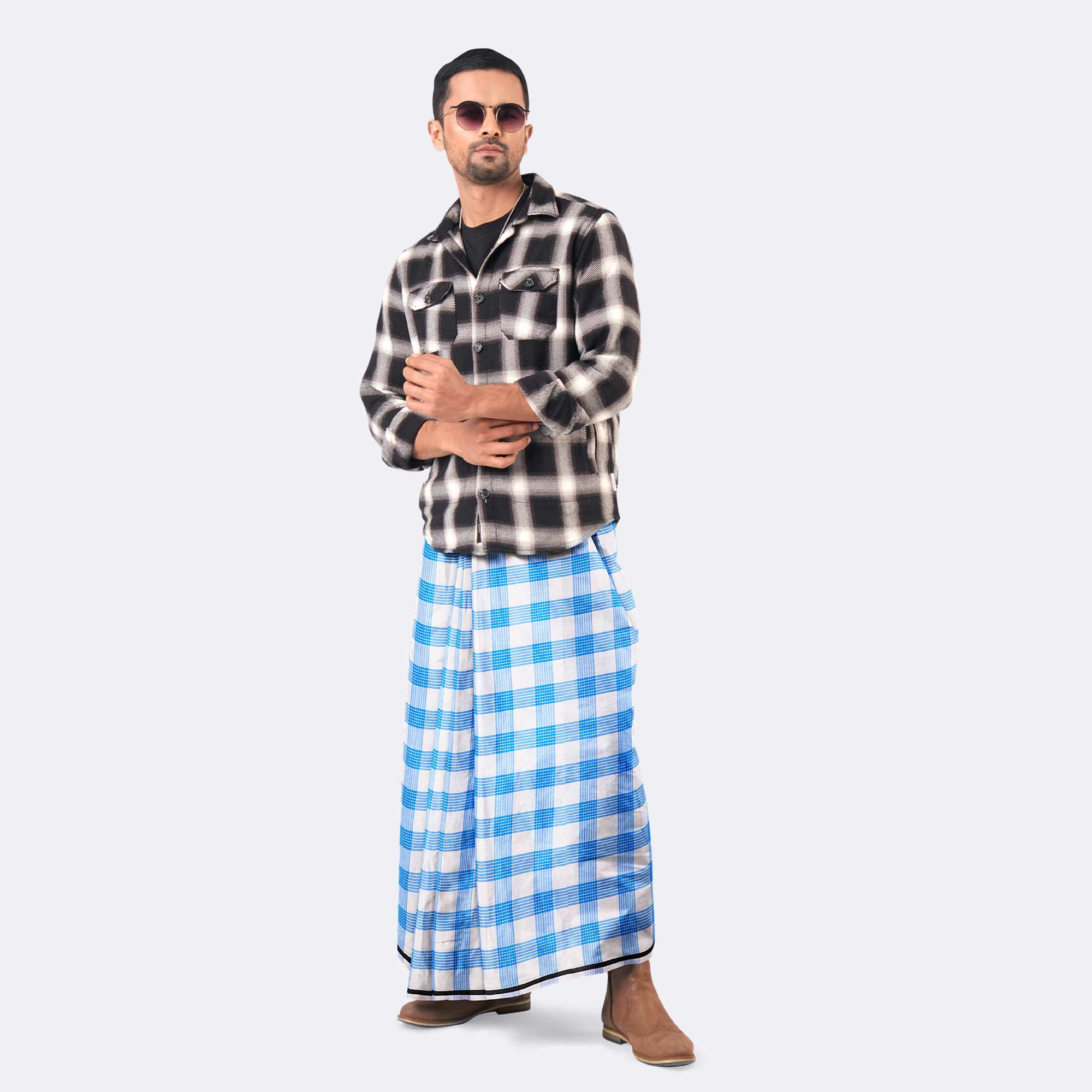 Men's Stripe & Check White Lungi - Showkhin