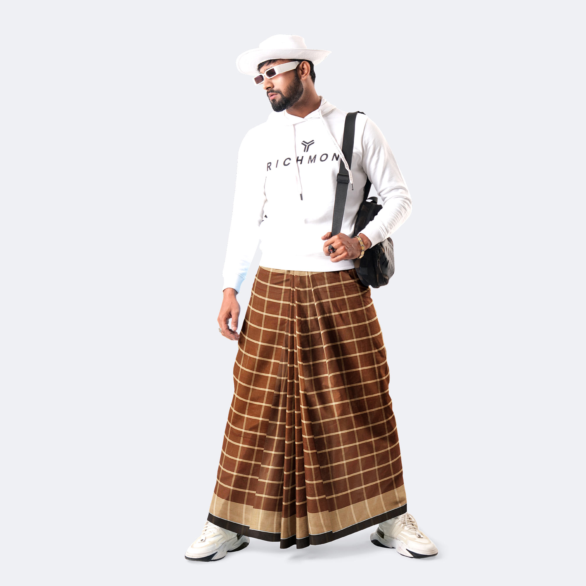 Men's Brown Stripe & Check Lungi - Showkhin