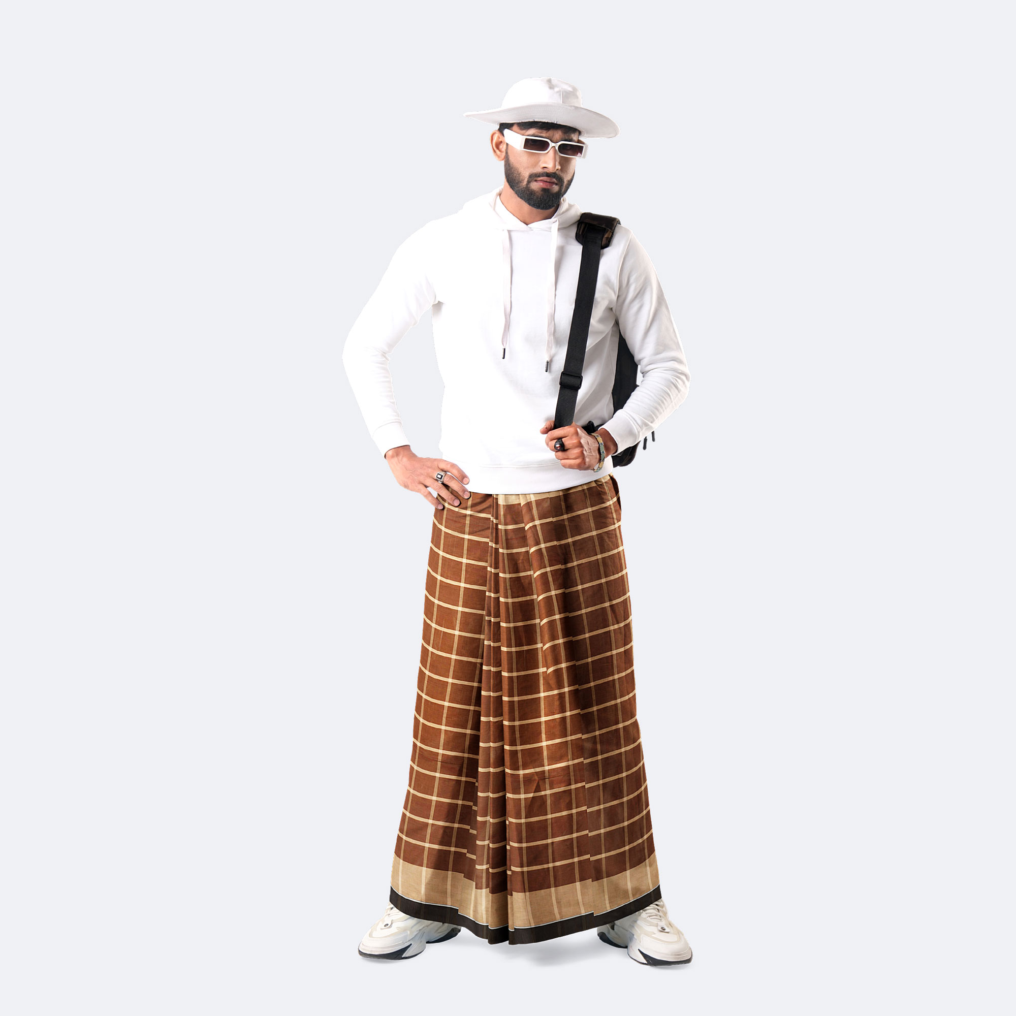 Men's Brown Stripe & Check Lungi - Showkhin