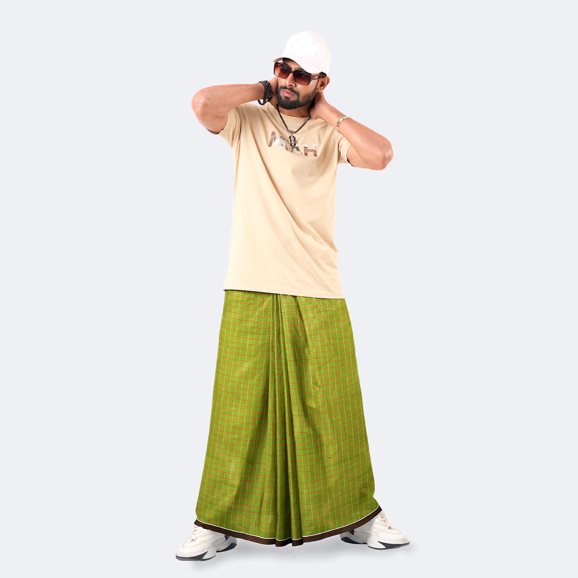 Men's Stripe & Check Fern Green Lungi - Showkhin