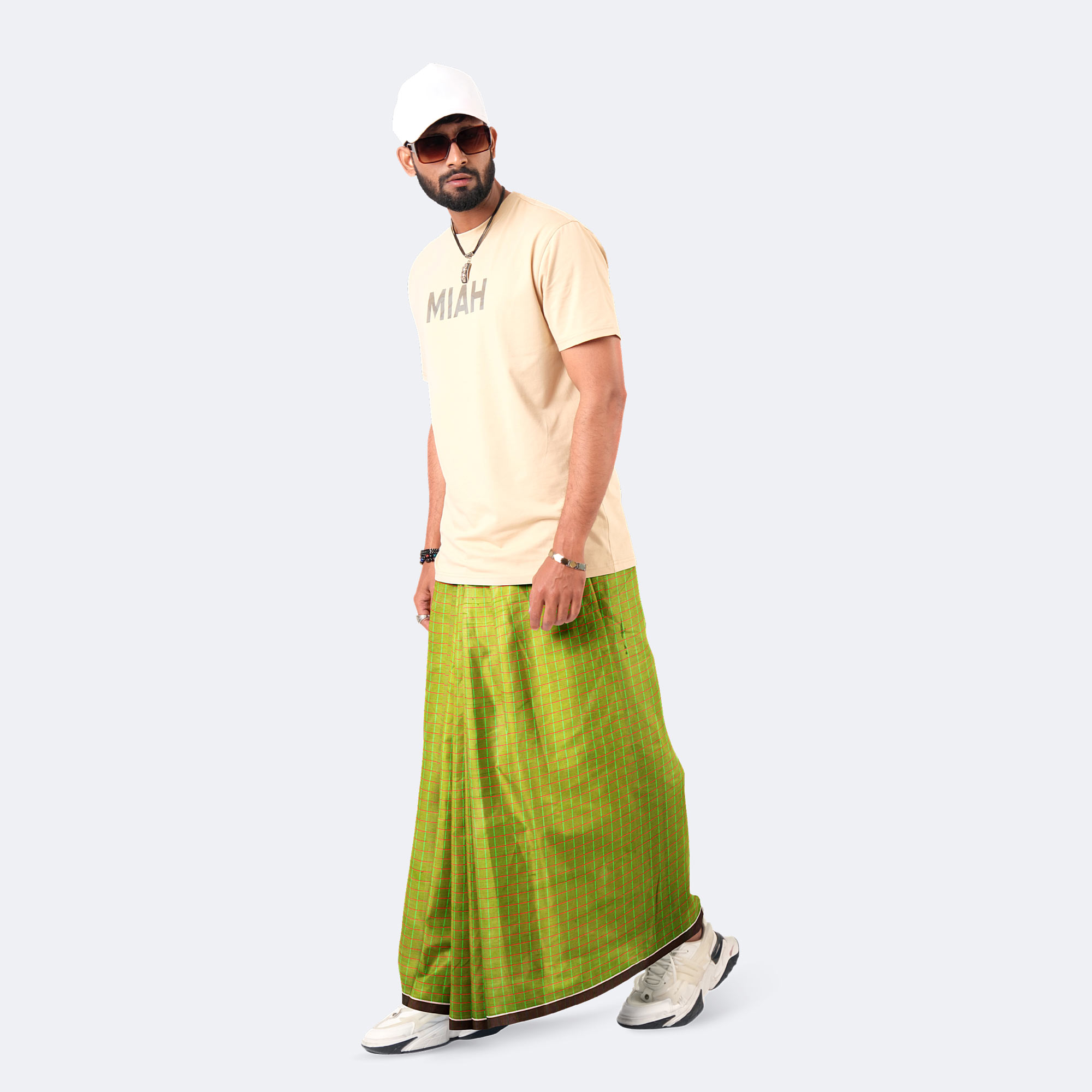 Men's Stripe & Check Fern Green Lungi - Showkhin