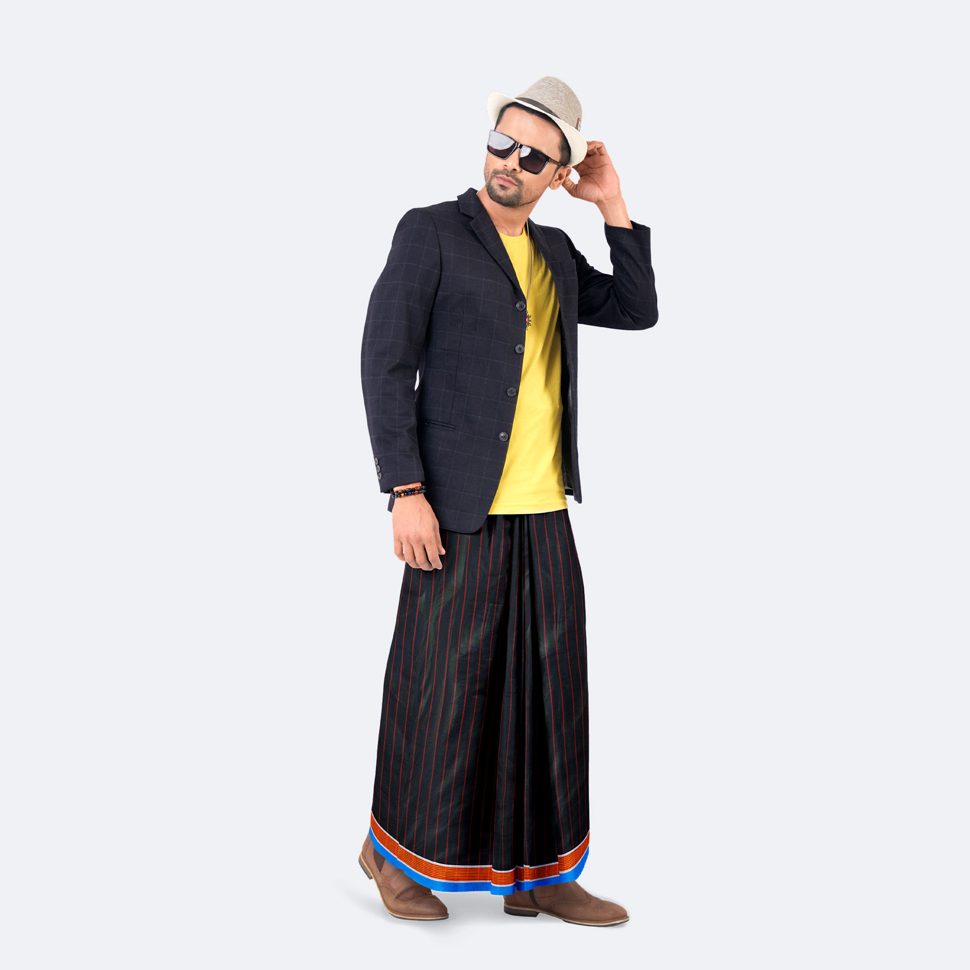 Men's Black & Red Stripe & Check  Lungi - Showkhin