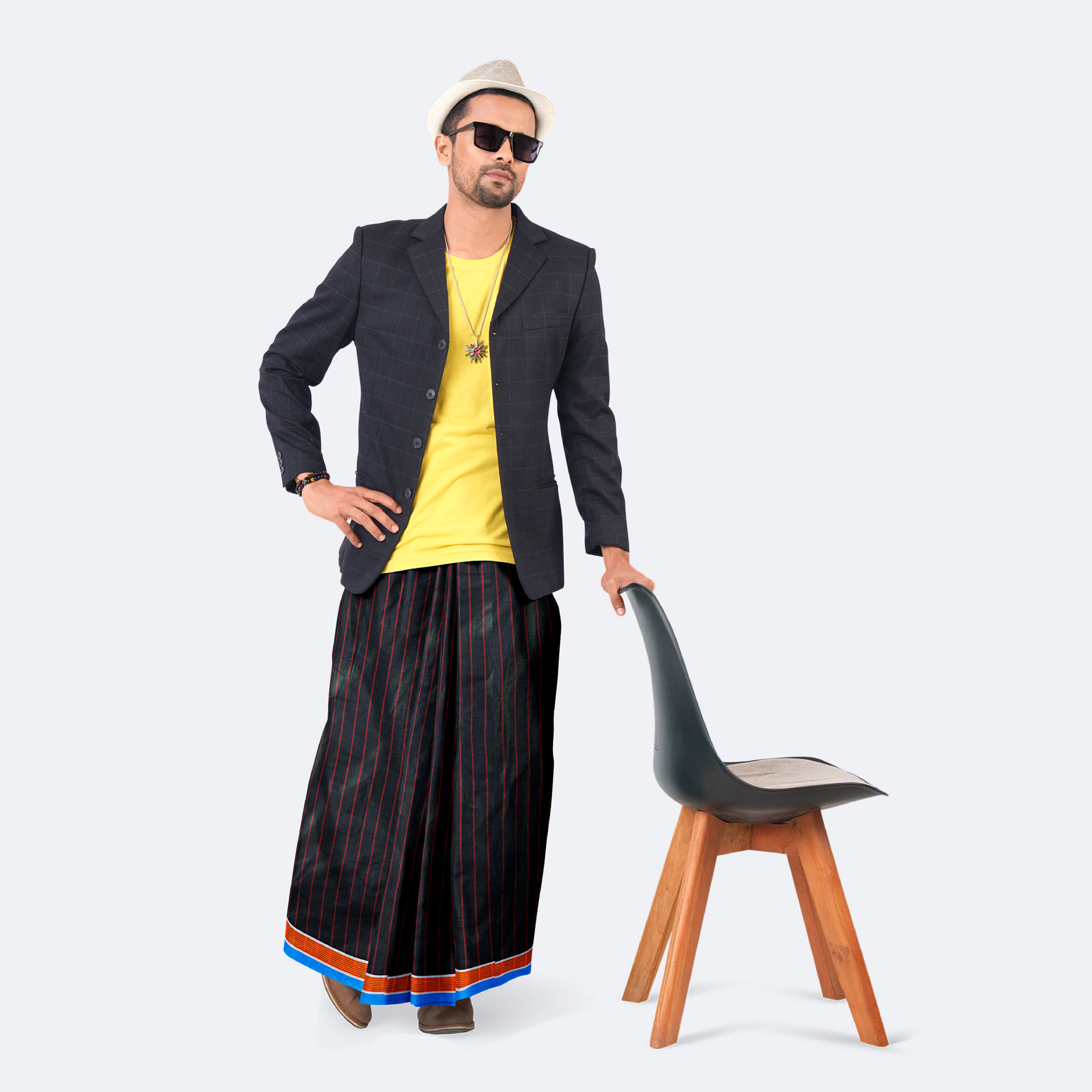 Men's Black & Red Stripe & Check  Lungi - Showkhin