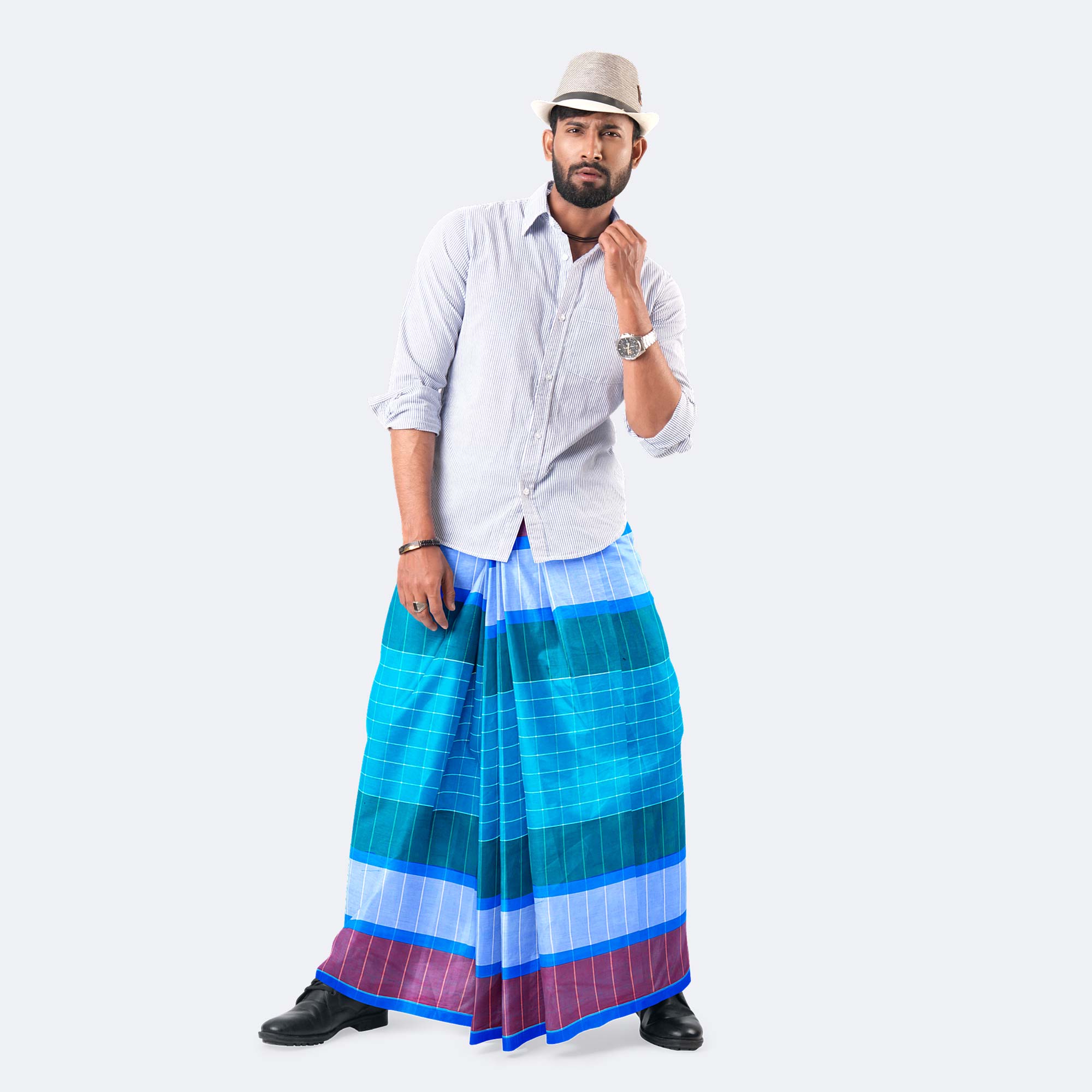 Men's Stripe & Check Multicolor Lungi - Showkhin