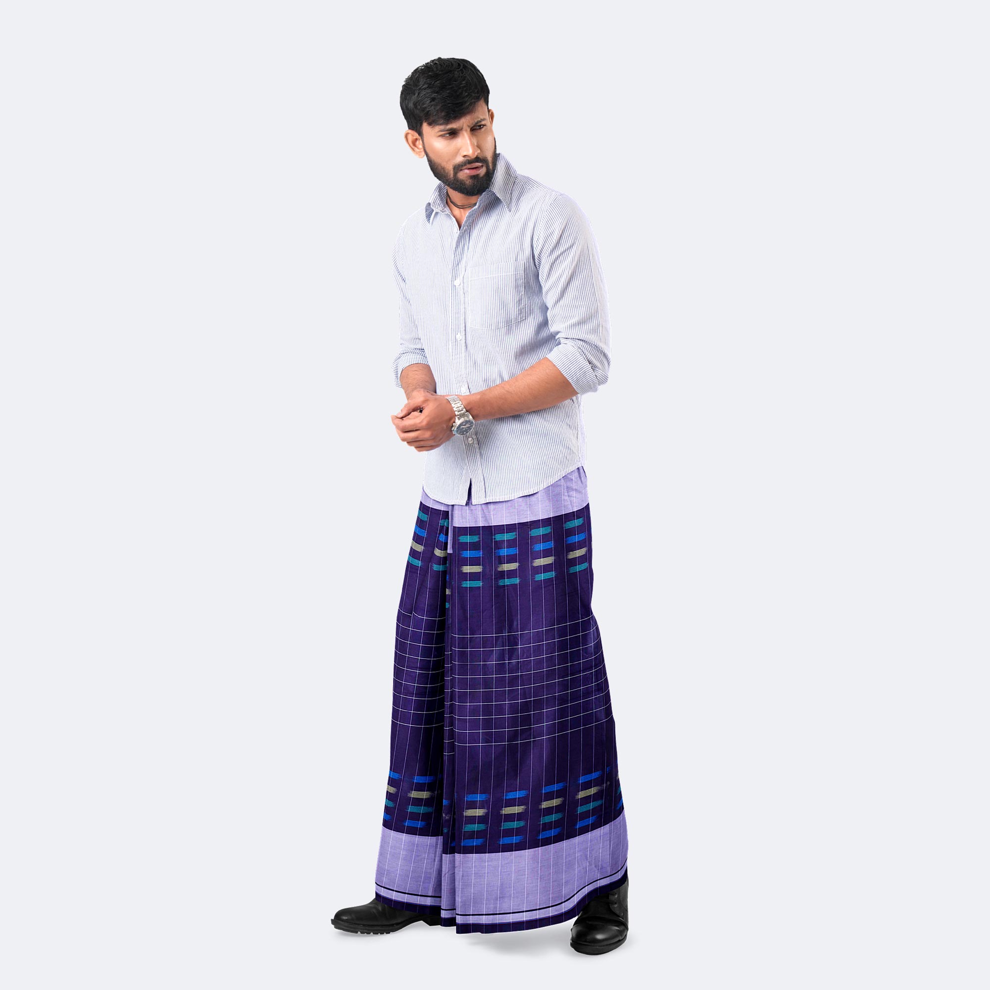 Indigo Purple & Periwinkle Checkered Elegance  Lungi - Crown