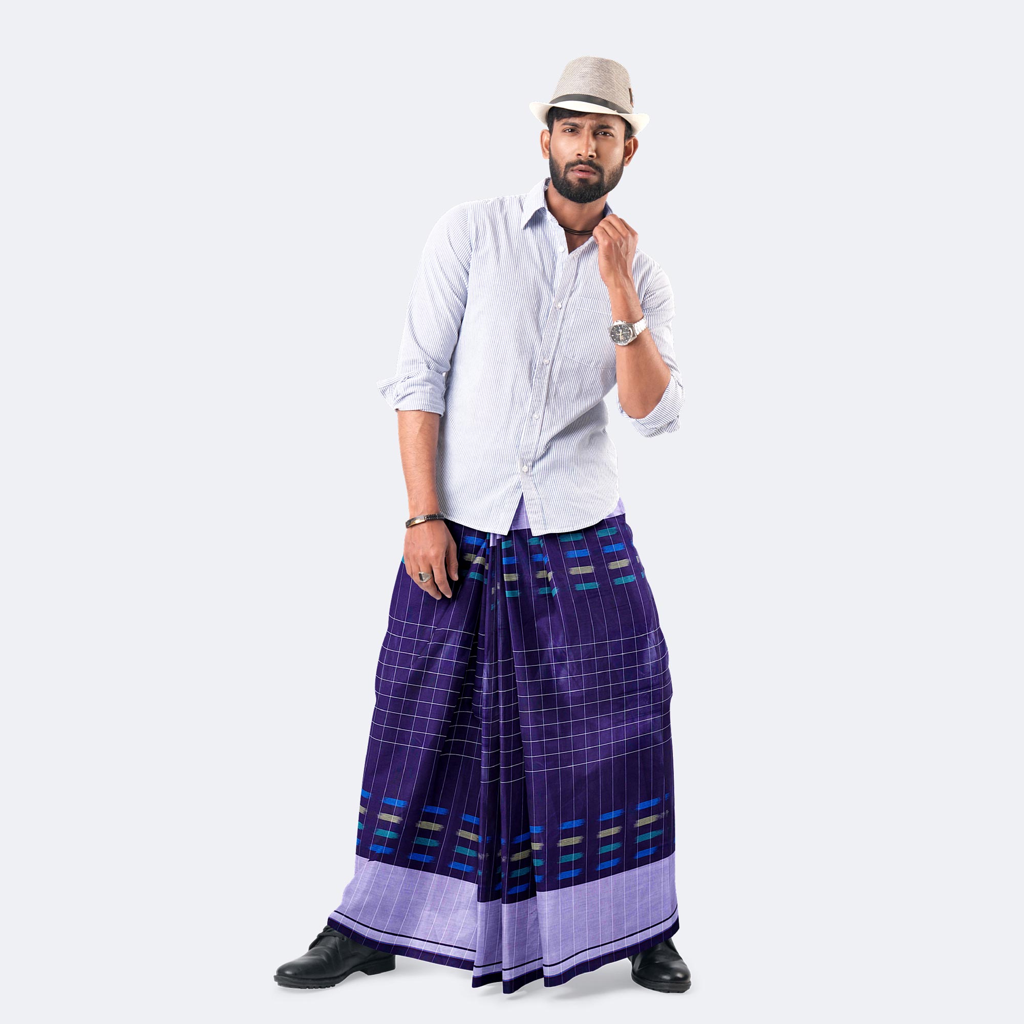Indigo Purple & Periwinkle Checkered Elegance  Lungi - Crown