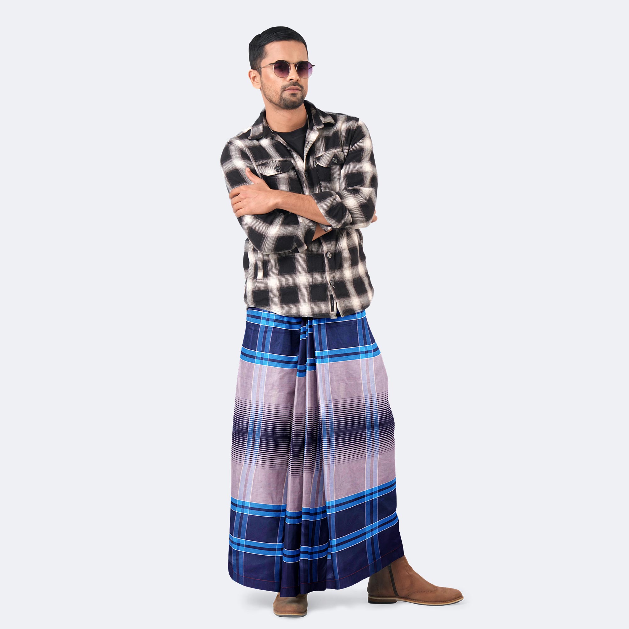 Slate Grey & Ocean Blue 100% Cotton Lungi - Crown