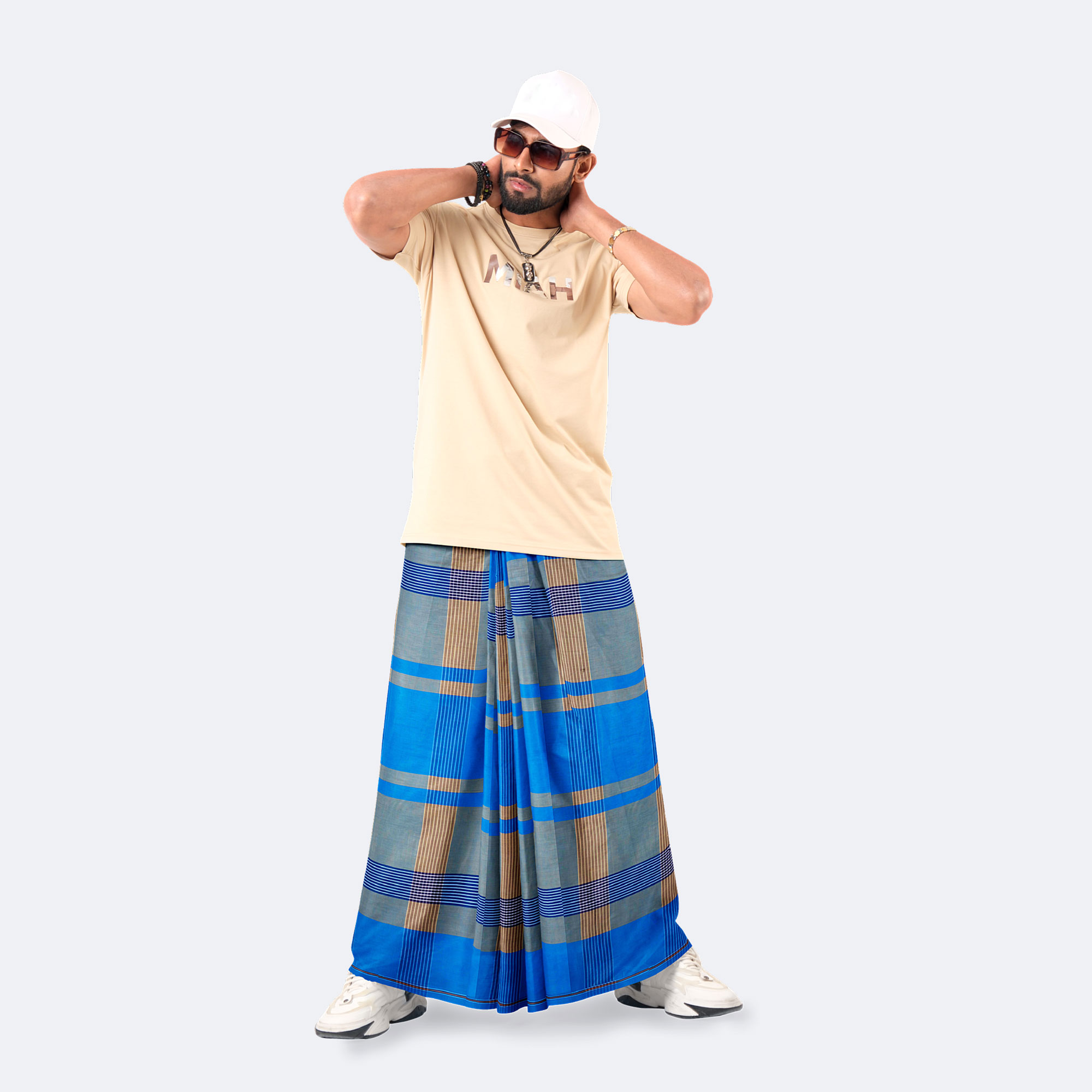 Azure Blue & Earthy Khaki 100% Cotton Lungi - Crown