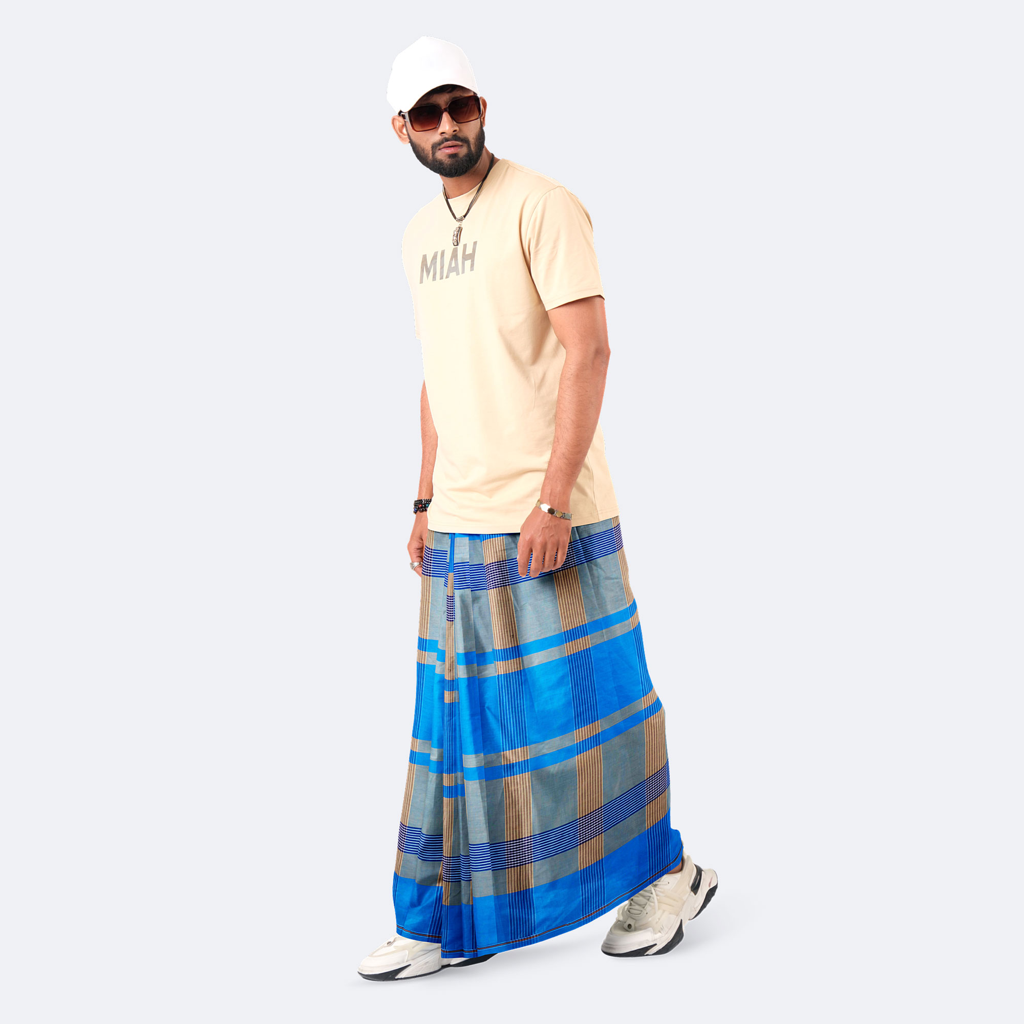 Azure Blue & Earthy Khaki 100% Cotton Lungi - Crown