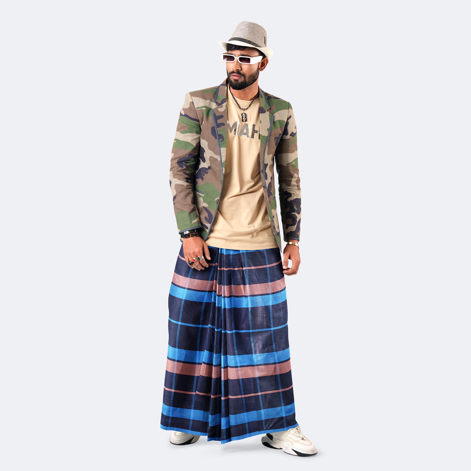 Blue & Brown Checkered 100% Cotton Lungi - Crown