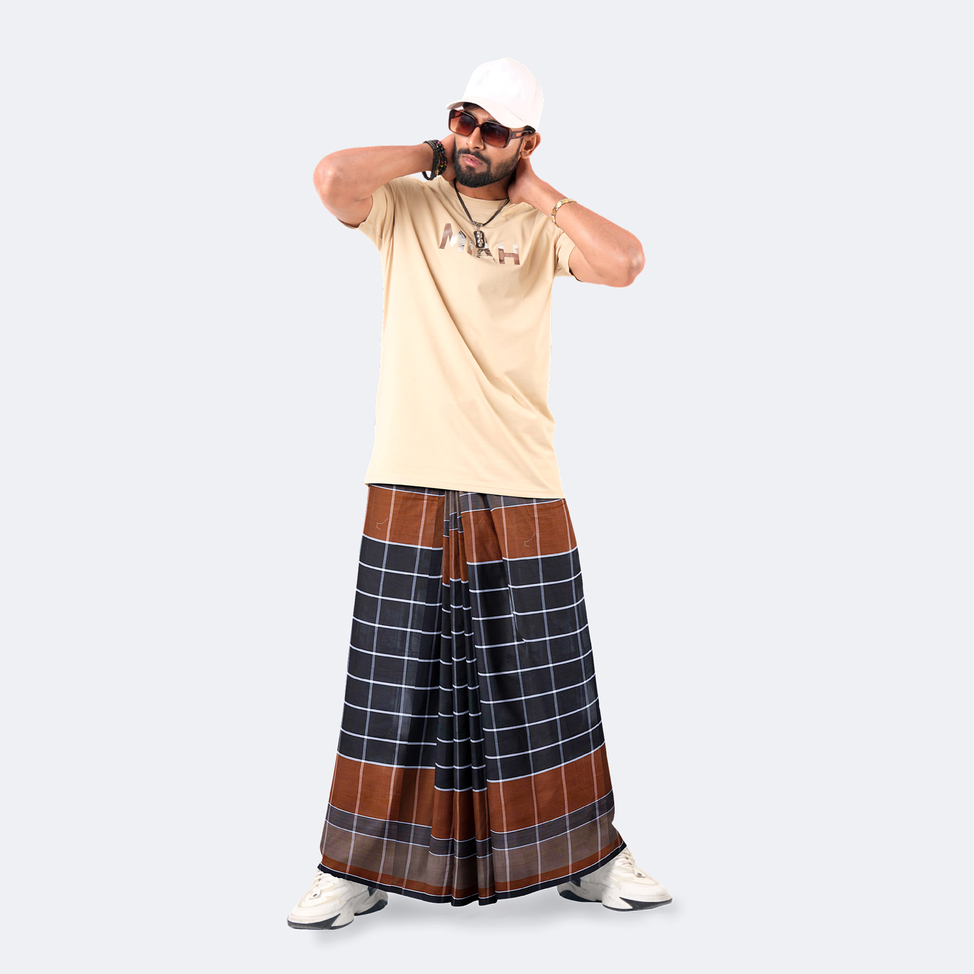 Brown & Black Checkered 100% Cotton Lungi - Crown