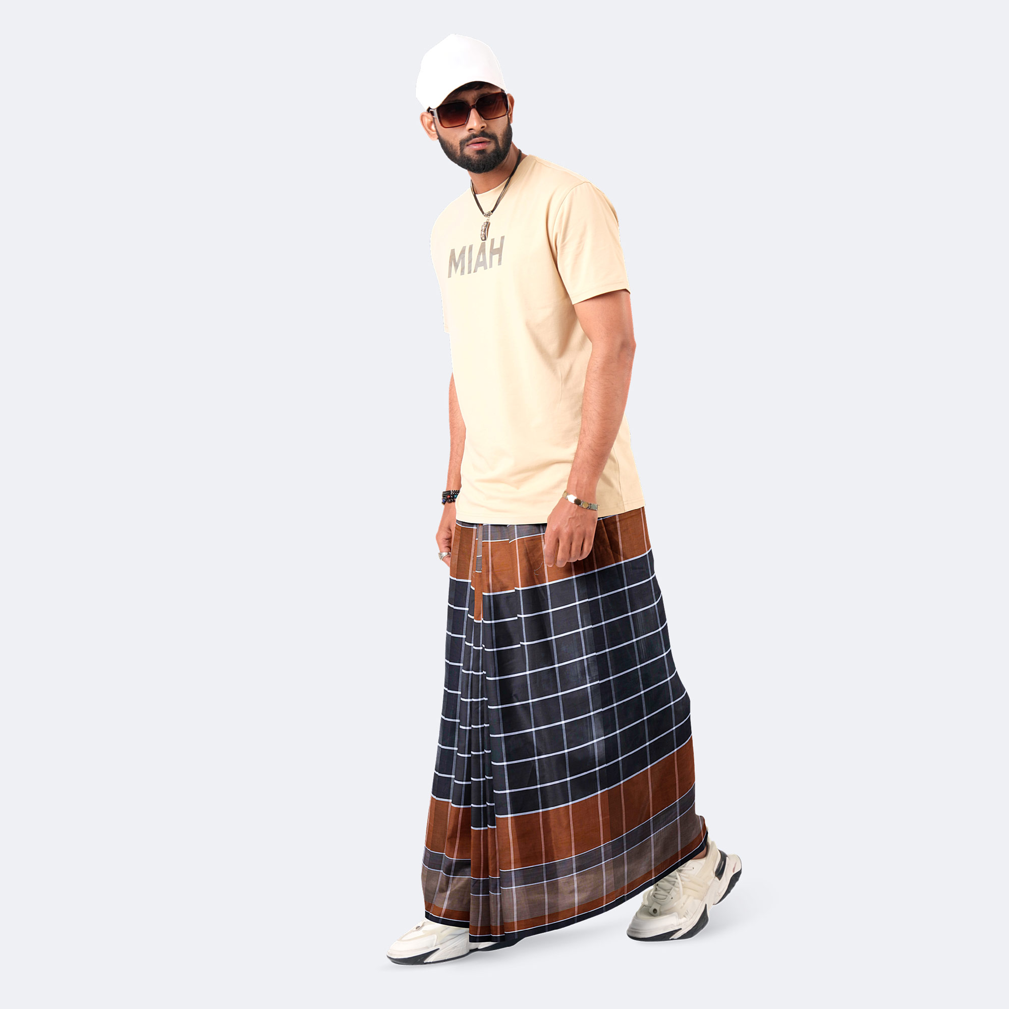 Brown & Black Checkered 100% Cotton Lungi - Crown