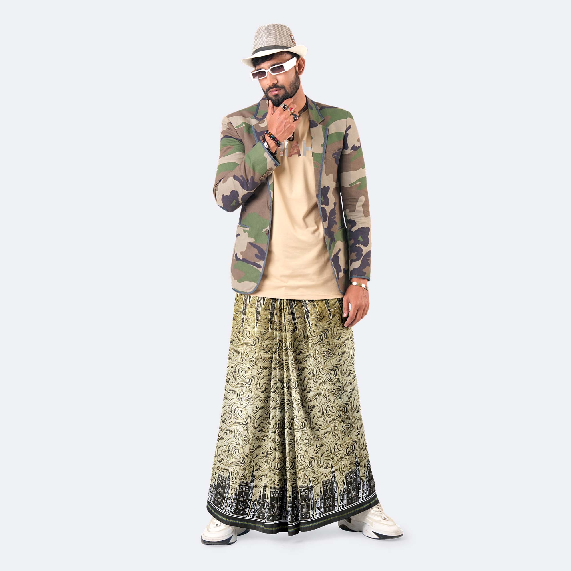 Olive Green with Urban Design Print Lungi - Western