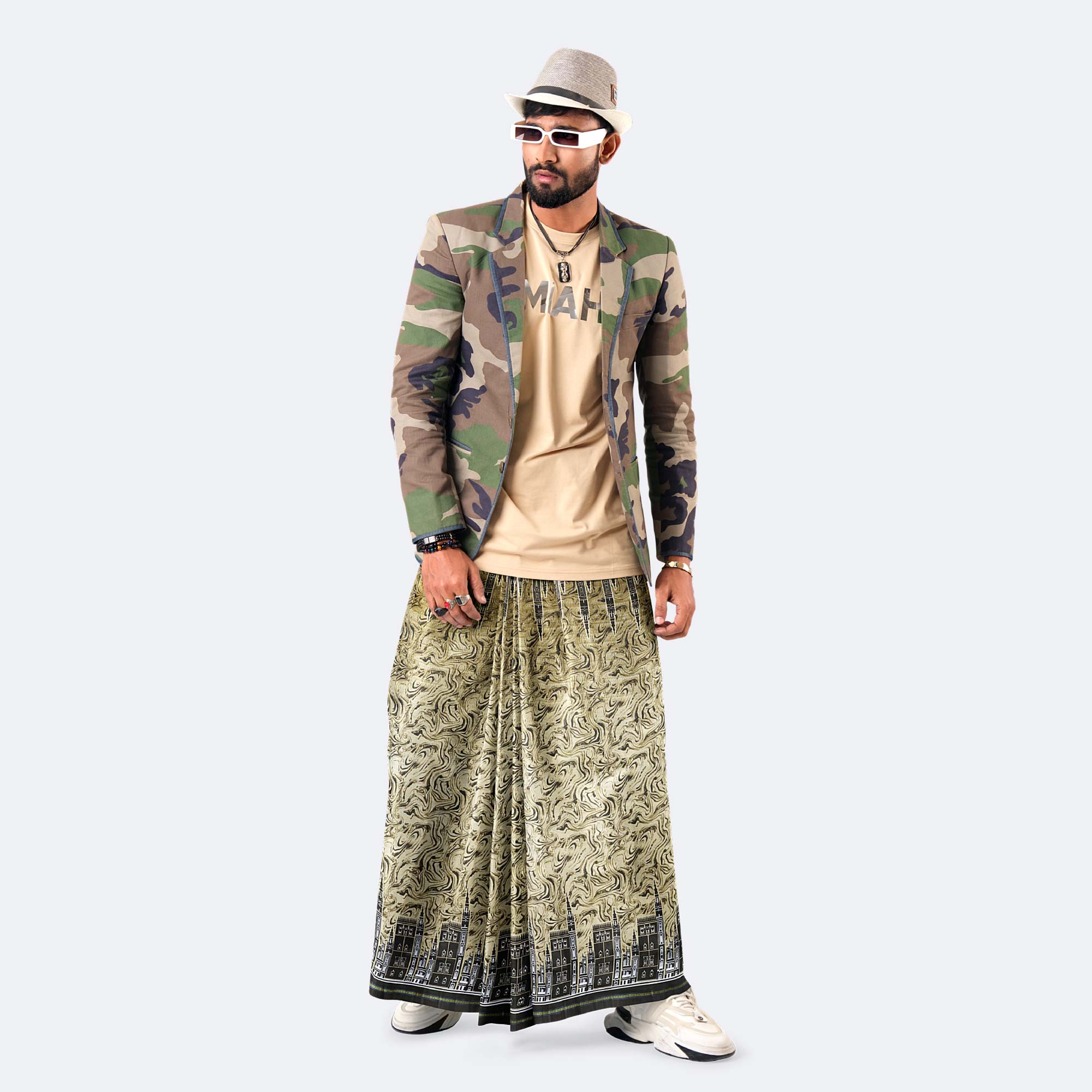 Olive Green with Urban Design Print Lungi - Western