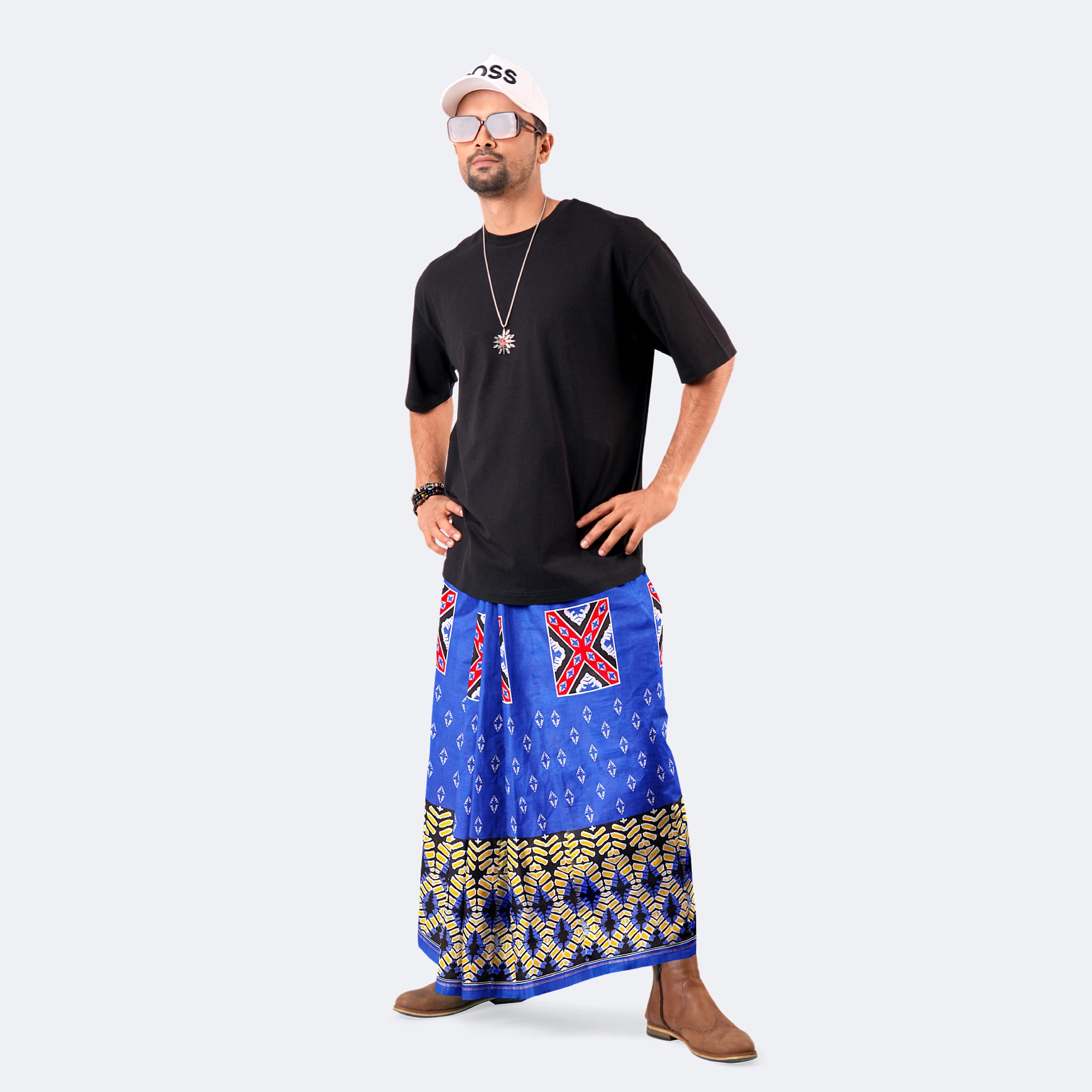 Royal Blue Geometric Print Lungi - Western