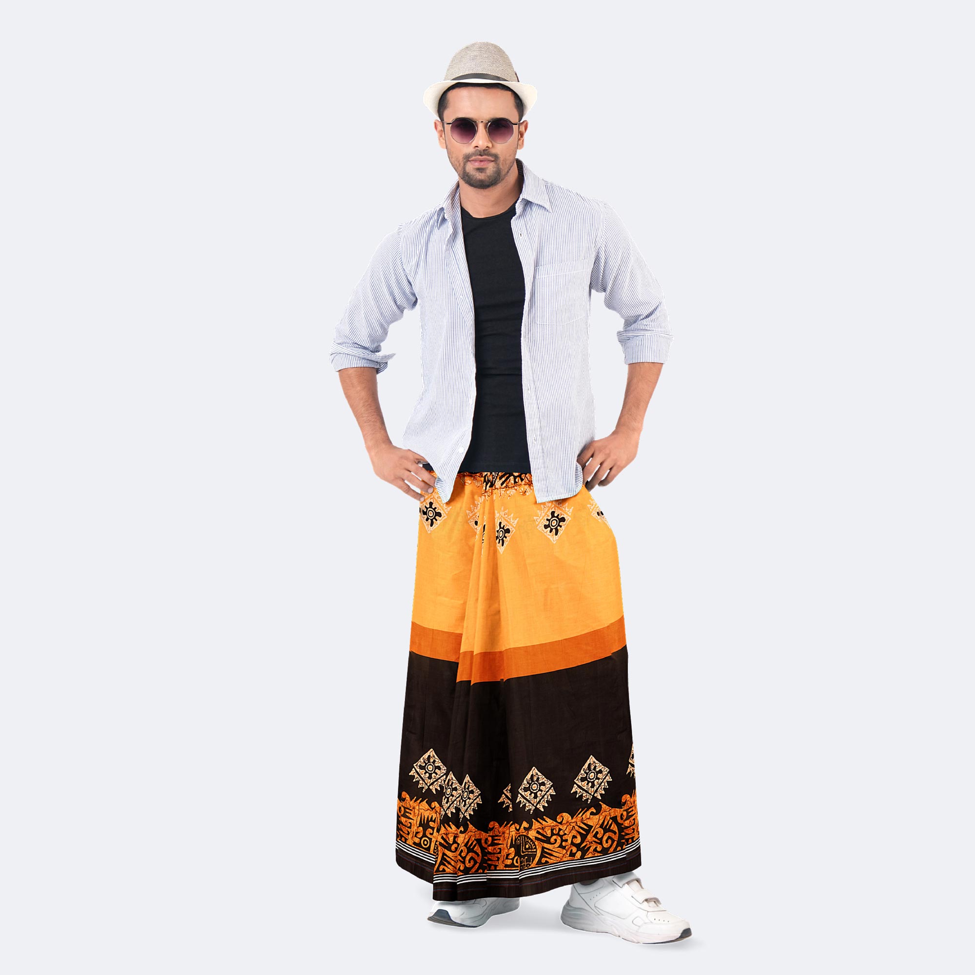 Orange & Black Ethnic Print Lungi - Western