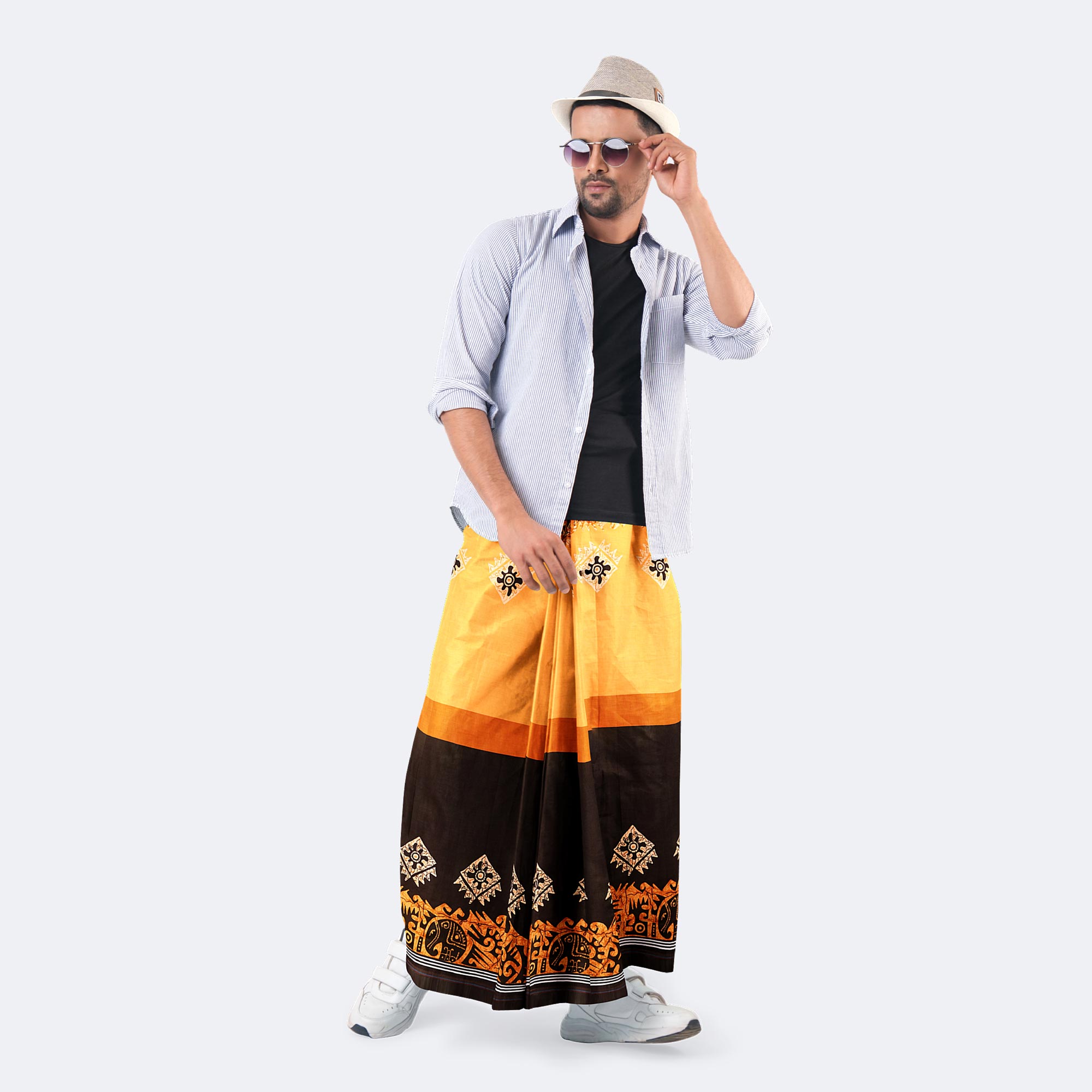 Orange & Black Ethnic Print Lungi - Western