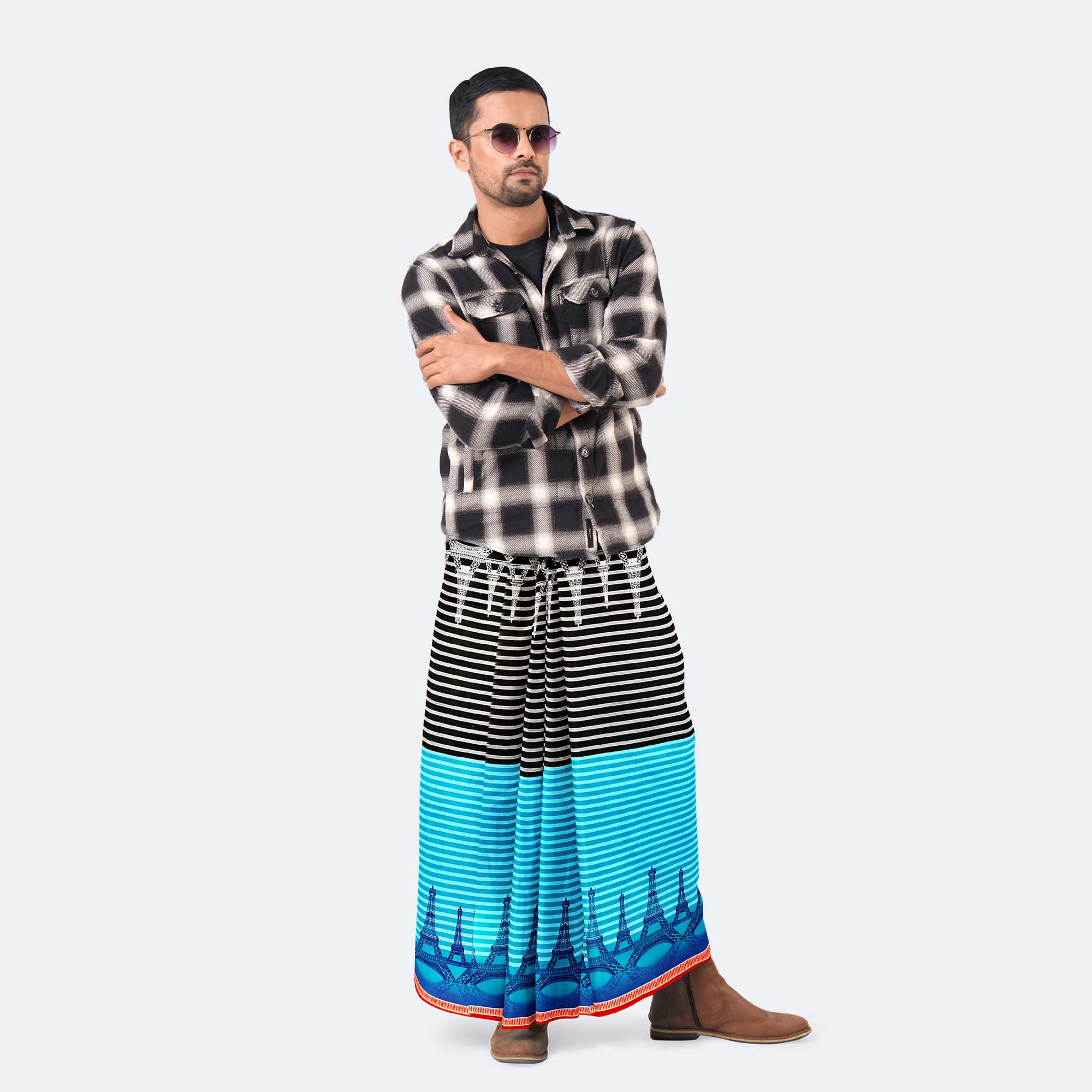 Blue & Black Modern Art Print Lungi - Western