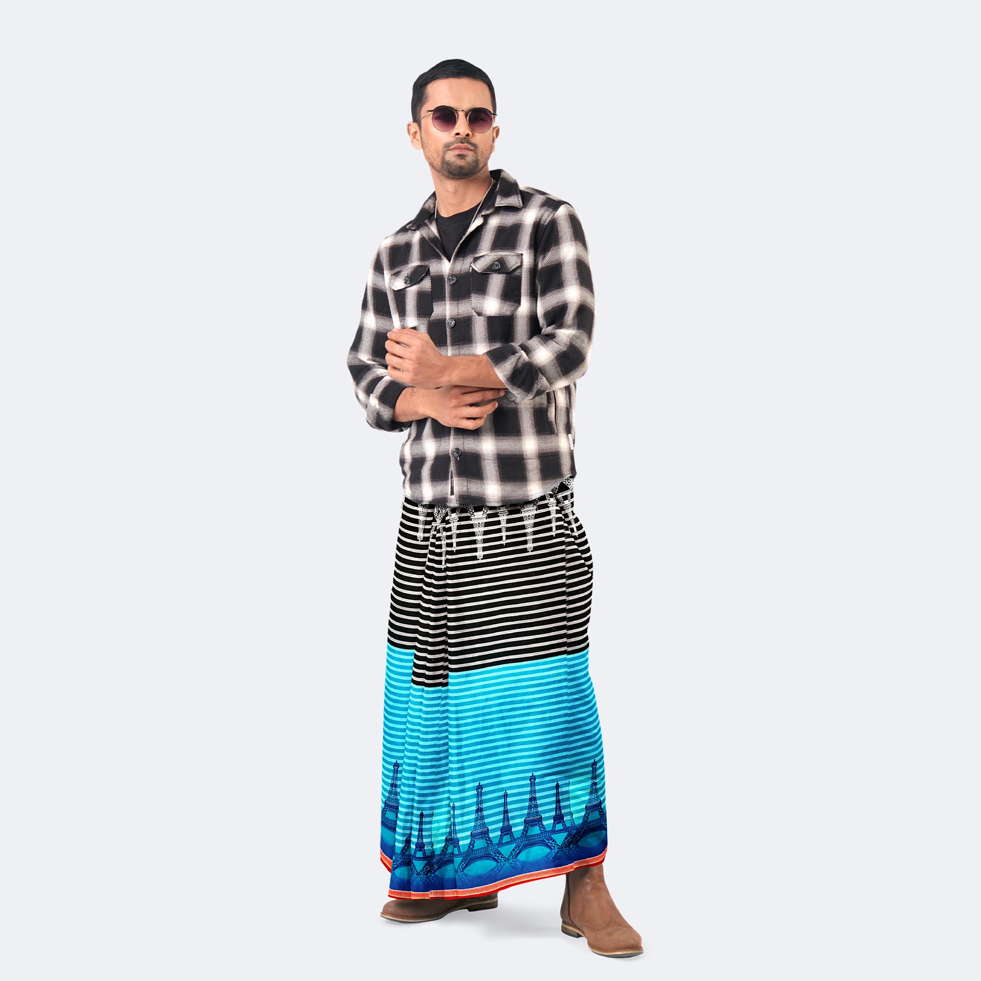 Blue & Black Modern Art Print Lungi - Western