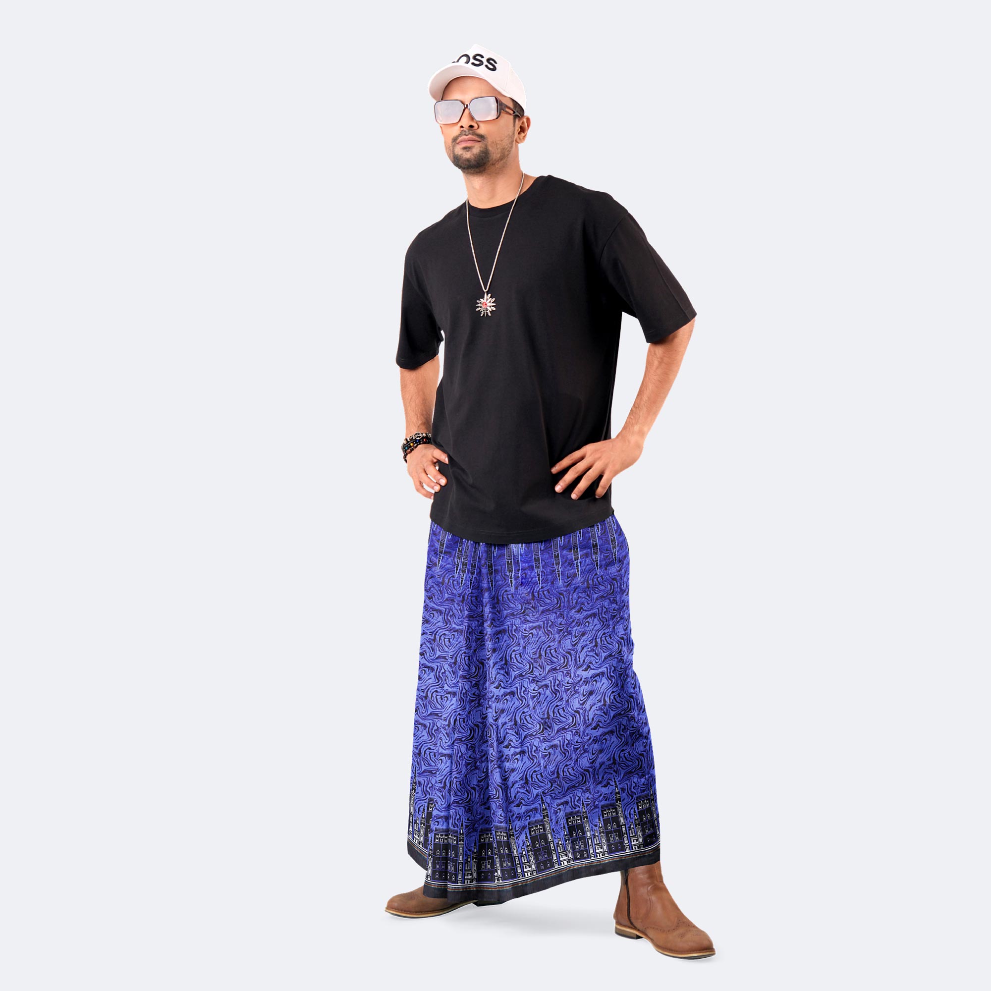 Blue Swirl & Cityscape Print Lungi - Western