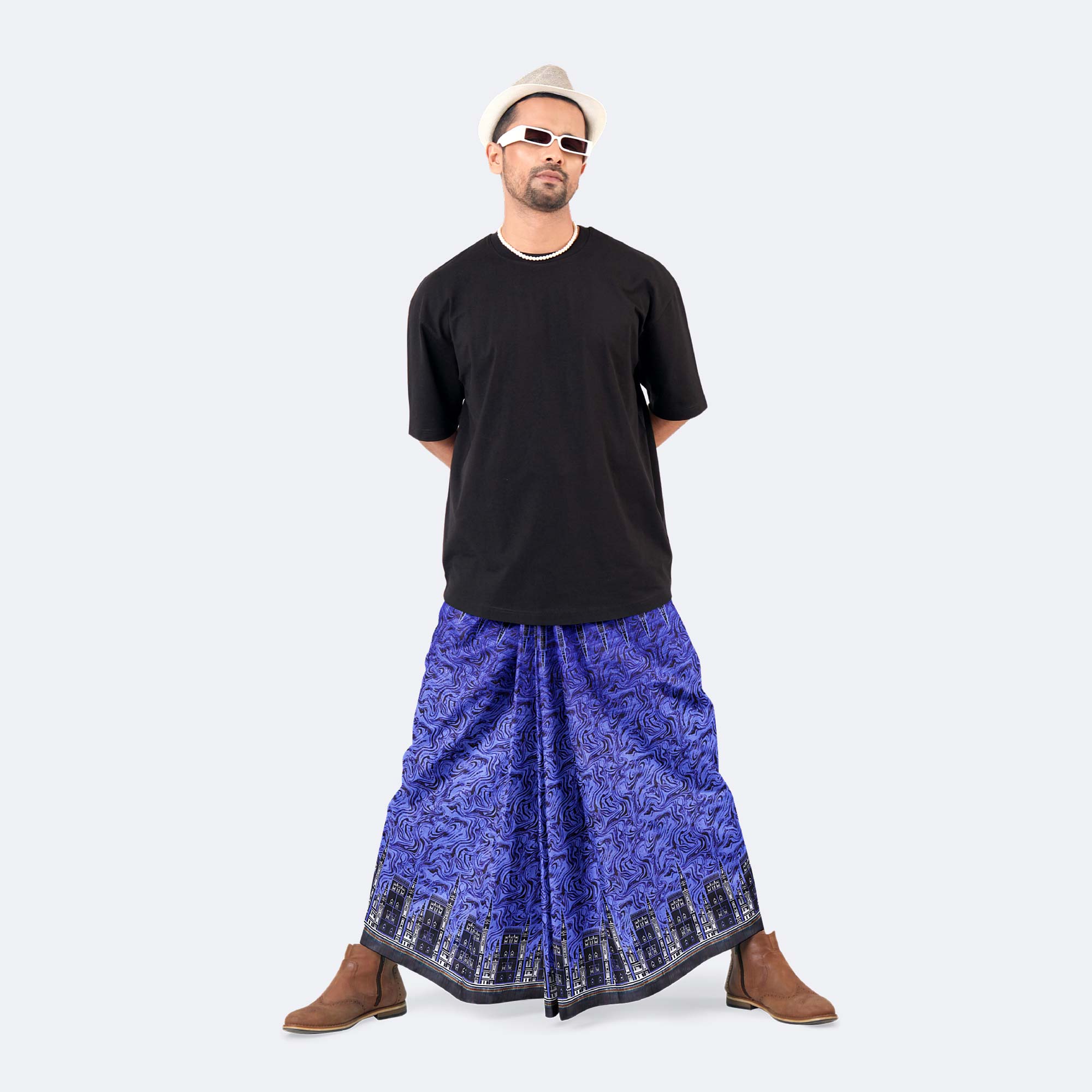 Blue Swirl & Cityscape Print Lungi - Western