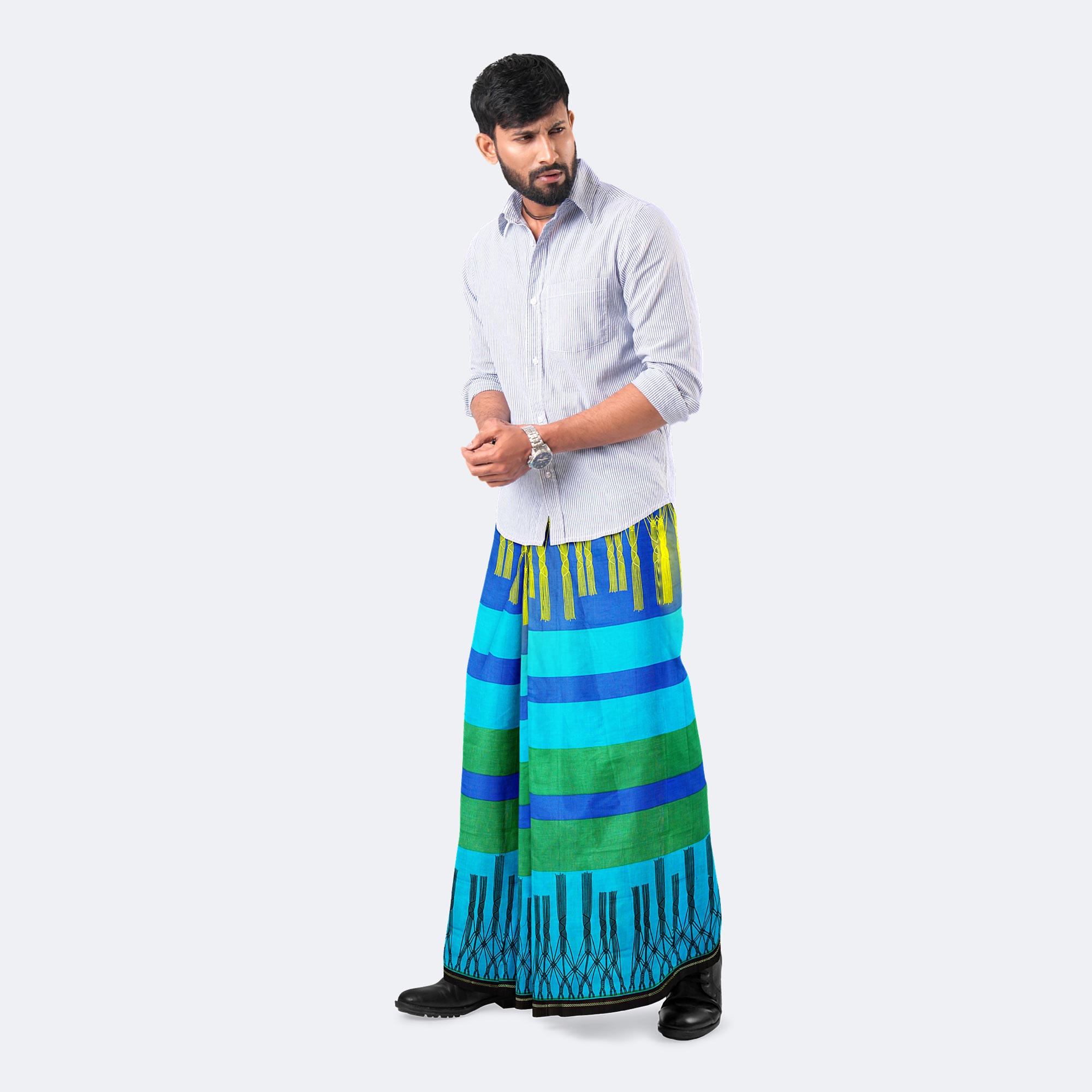 Artistic Blue Striped Cotton Lungi - Western