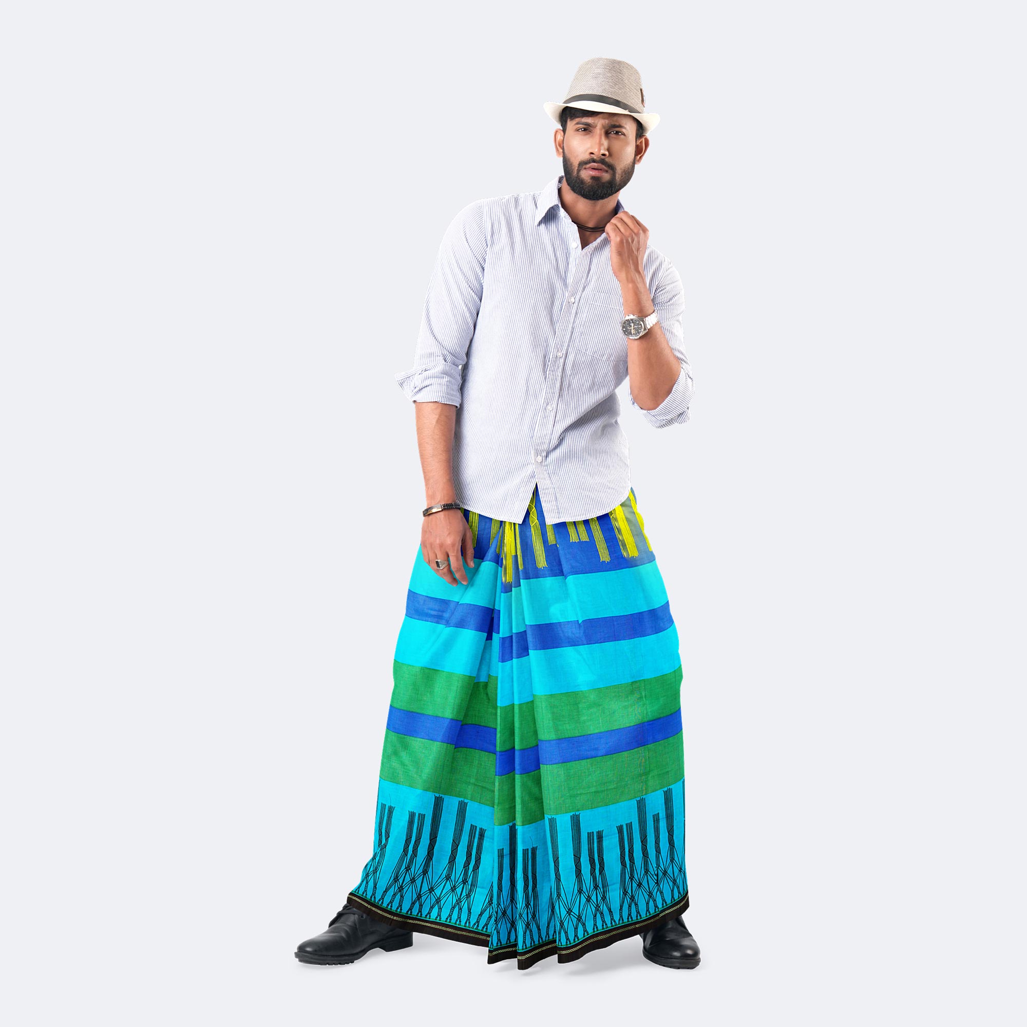 Artistic Blue Striped Cotton Lungi - Western