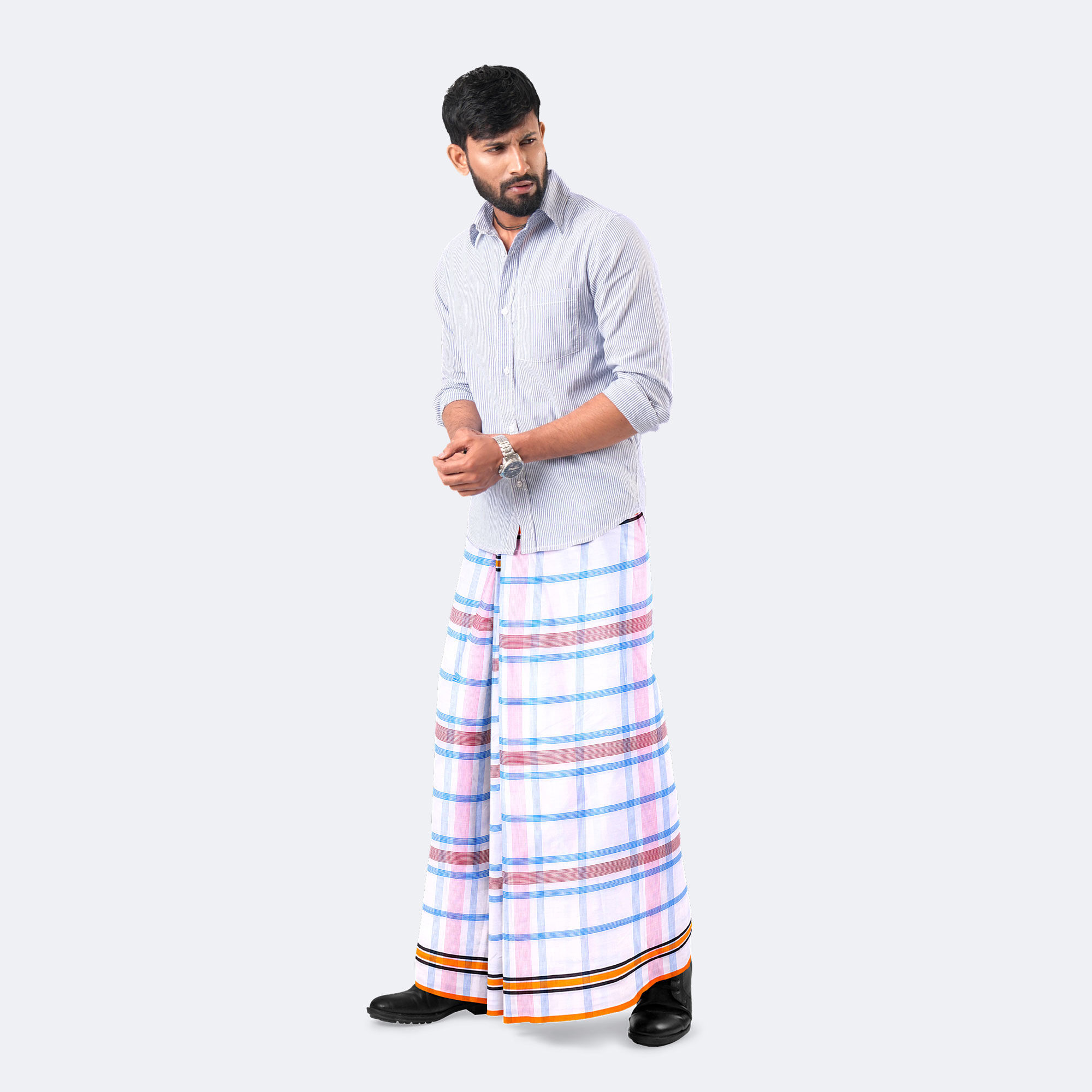 Men’s White Luxurious Multicolor Lungi - Kingbodonti