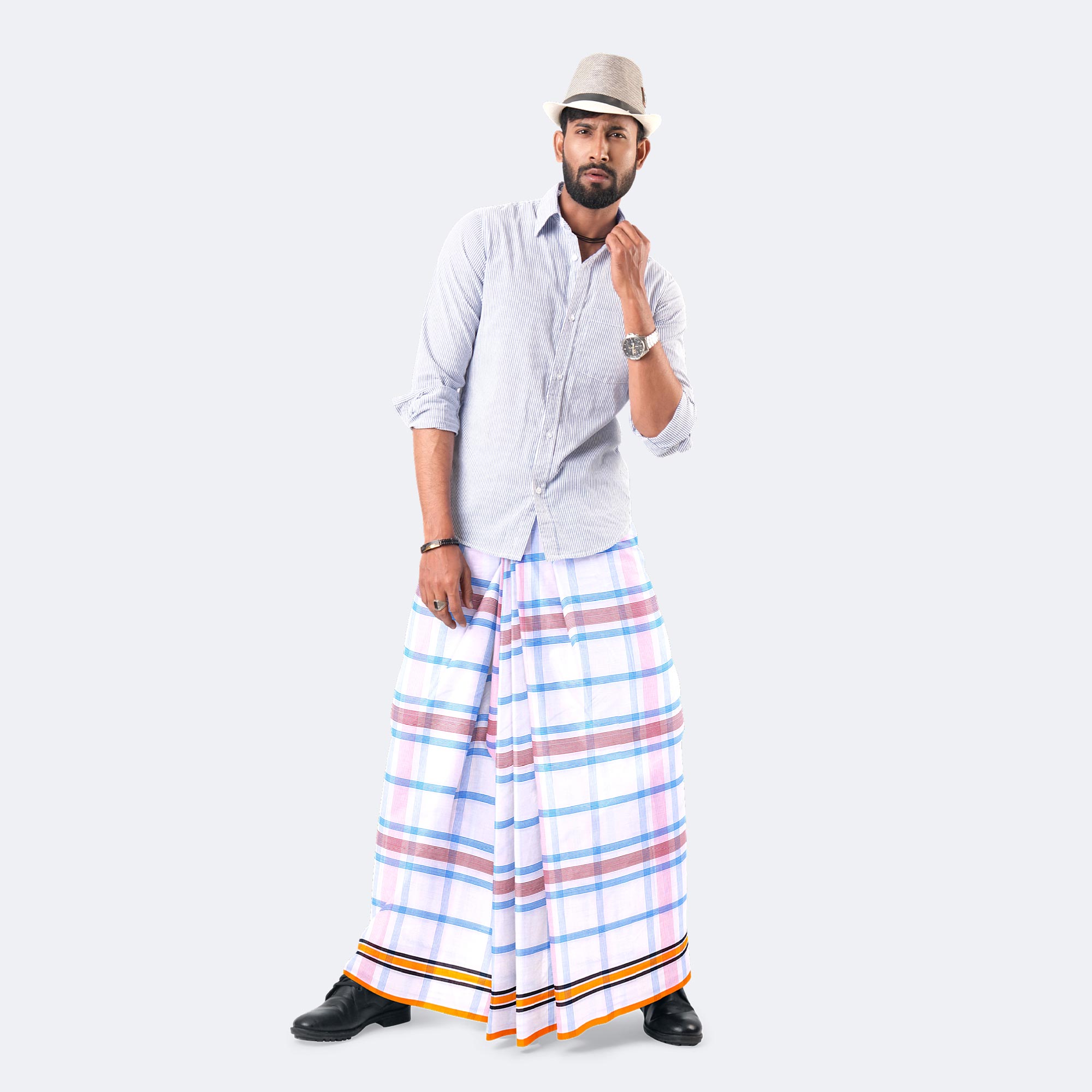 Men’s White Luxurious Multicolor Lungi - Kingbodonti