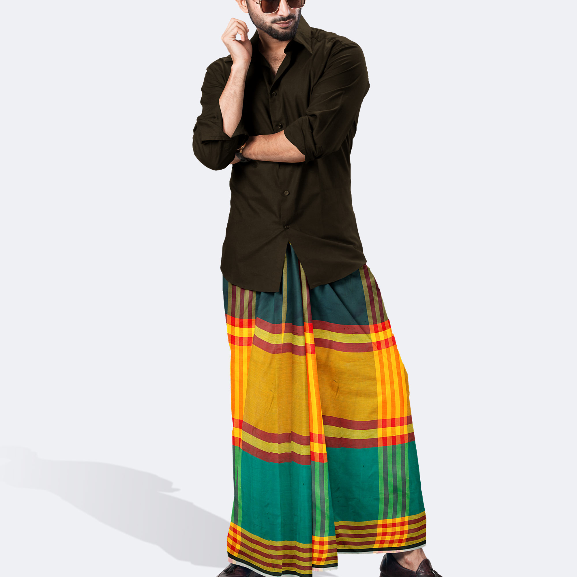 Men's Yellow Green Color Stripe 100% Pure Cotton Lungi - Nandonik