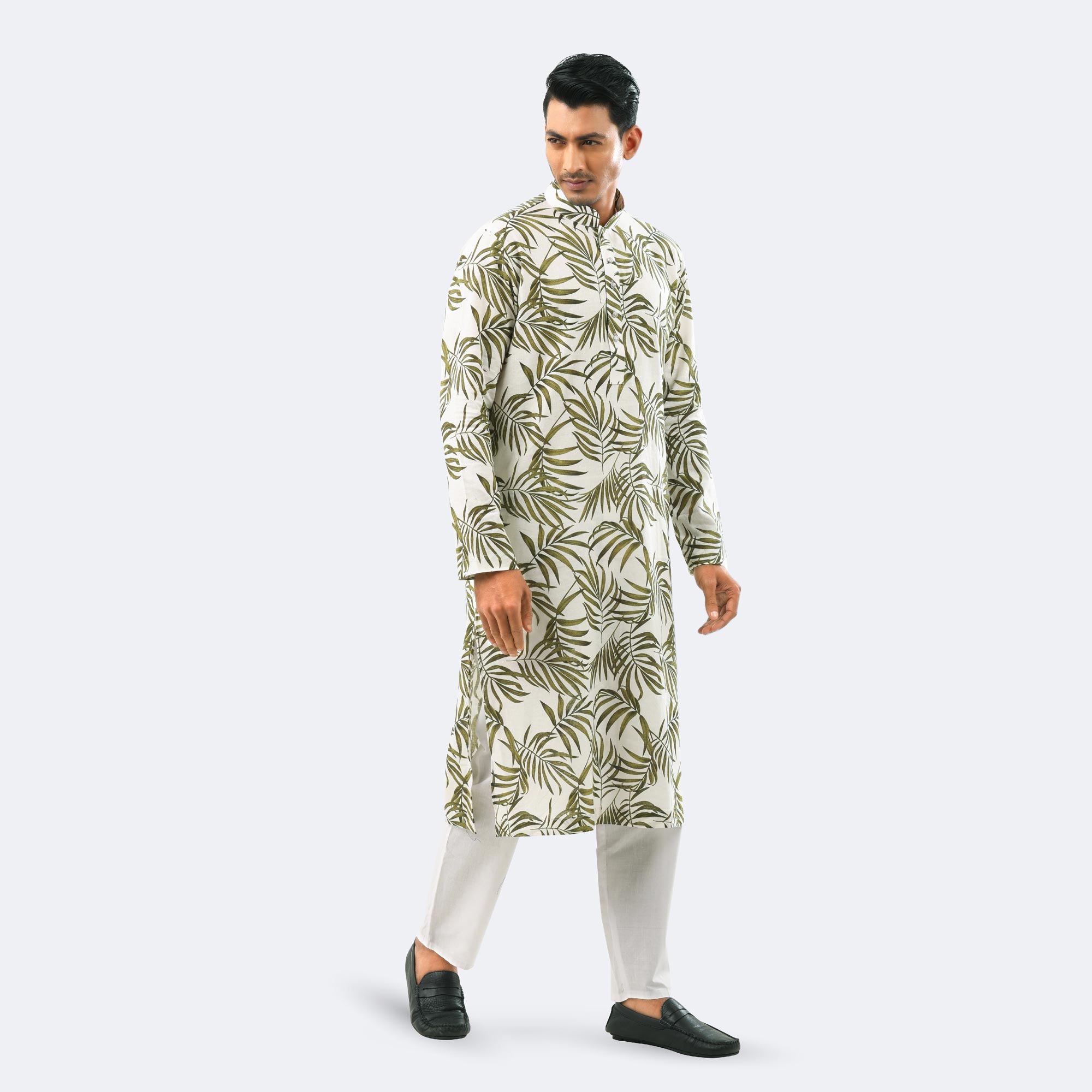 White & Olive Tropical Leaf Print Cotton Panjabi