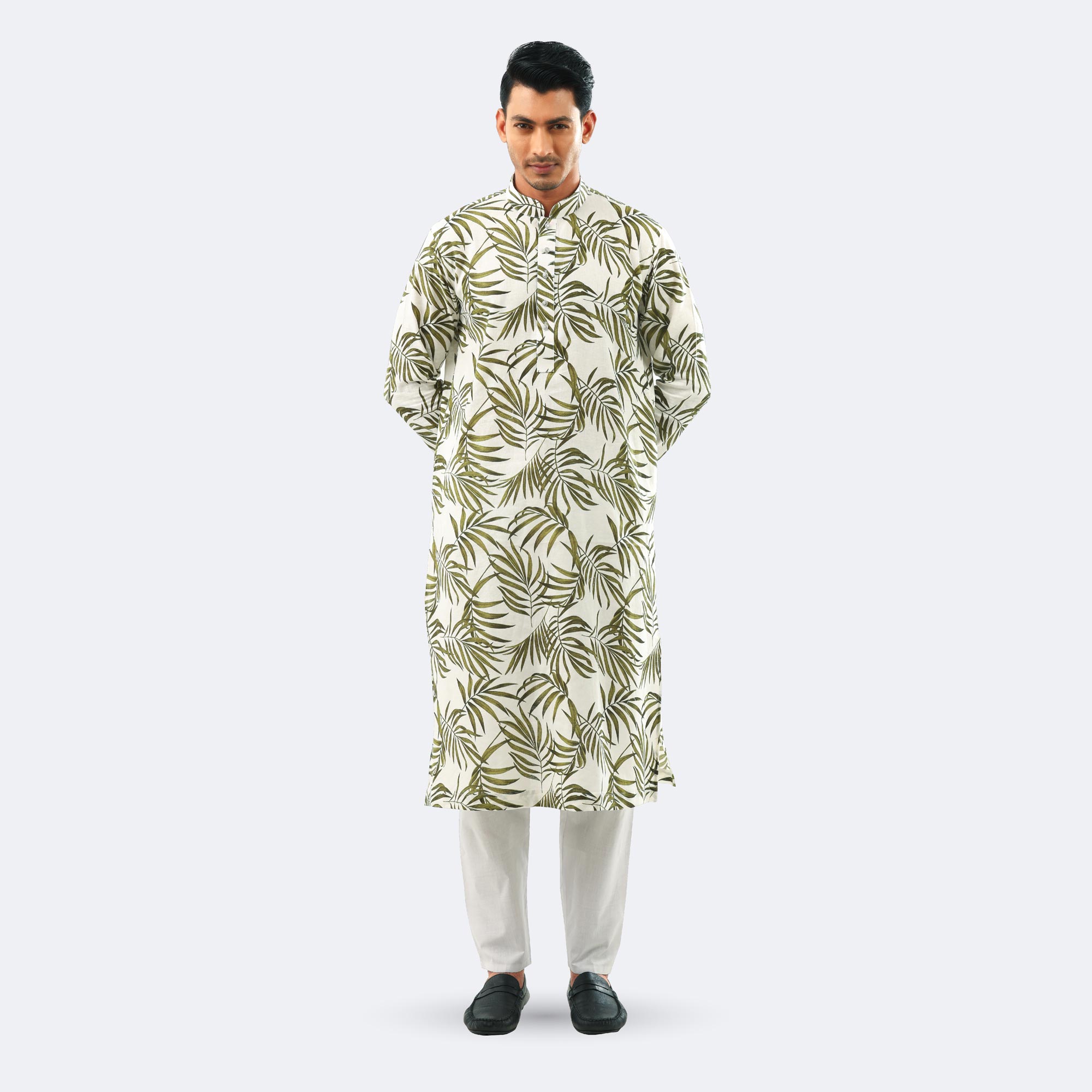 White & Olive Tropical Leaf Print Cotton Panjabi