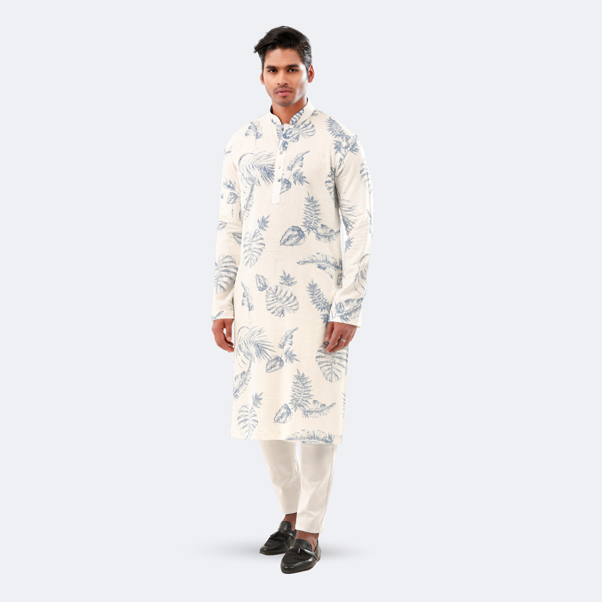 White & Blue Tropical Leaf Print Cotton Panjabi