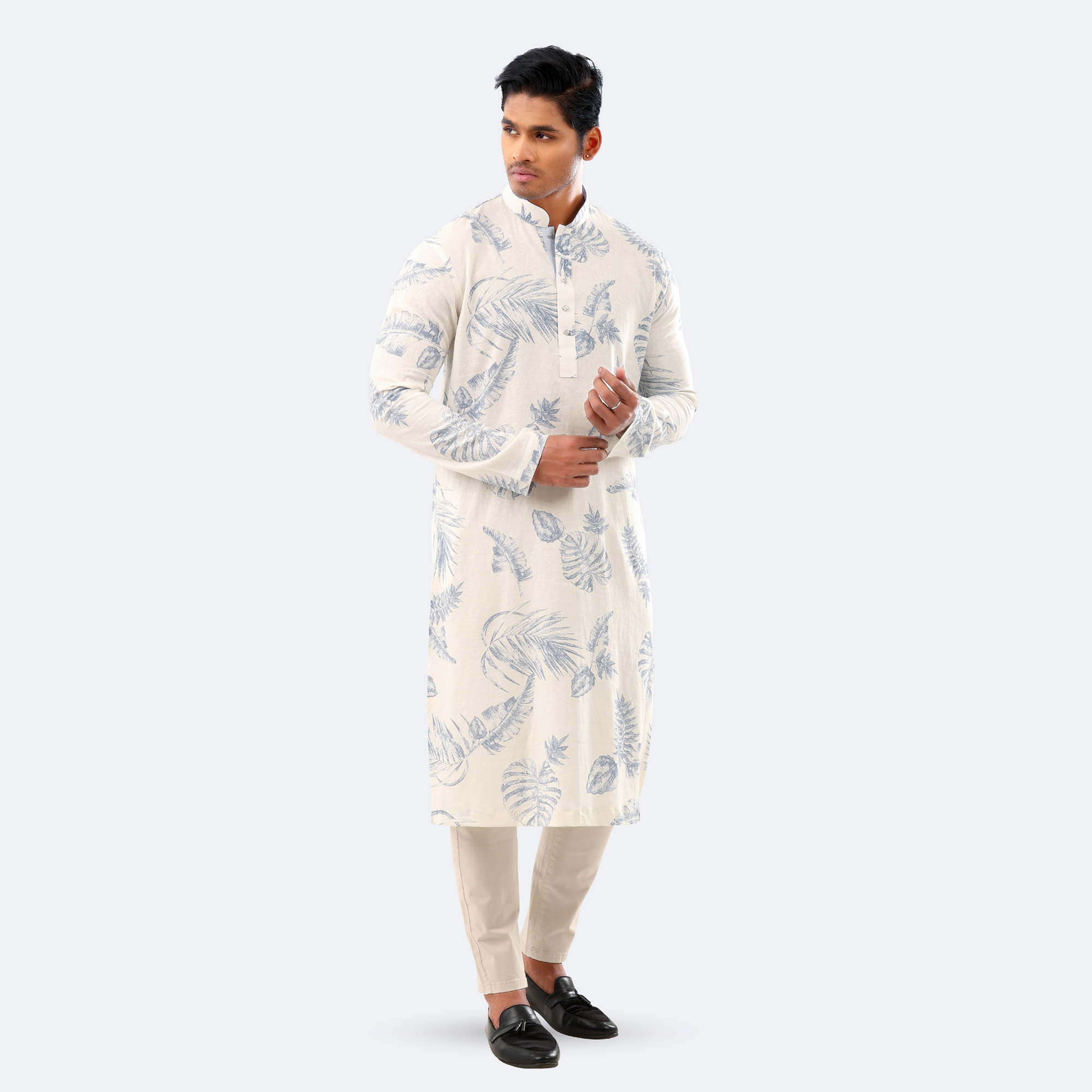 White & Blue Tropical Leaf Print Cotton Panjabi