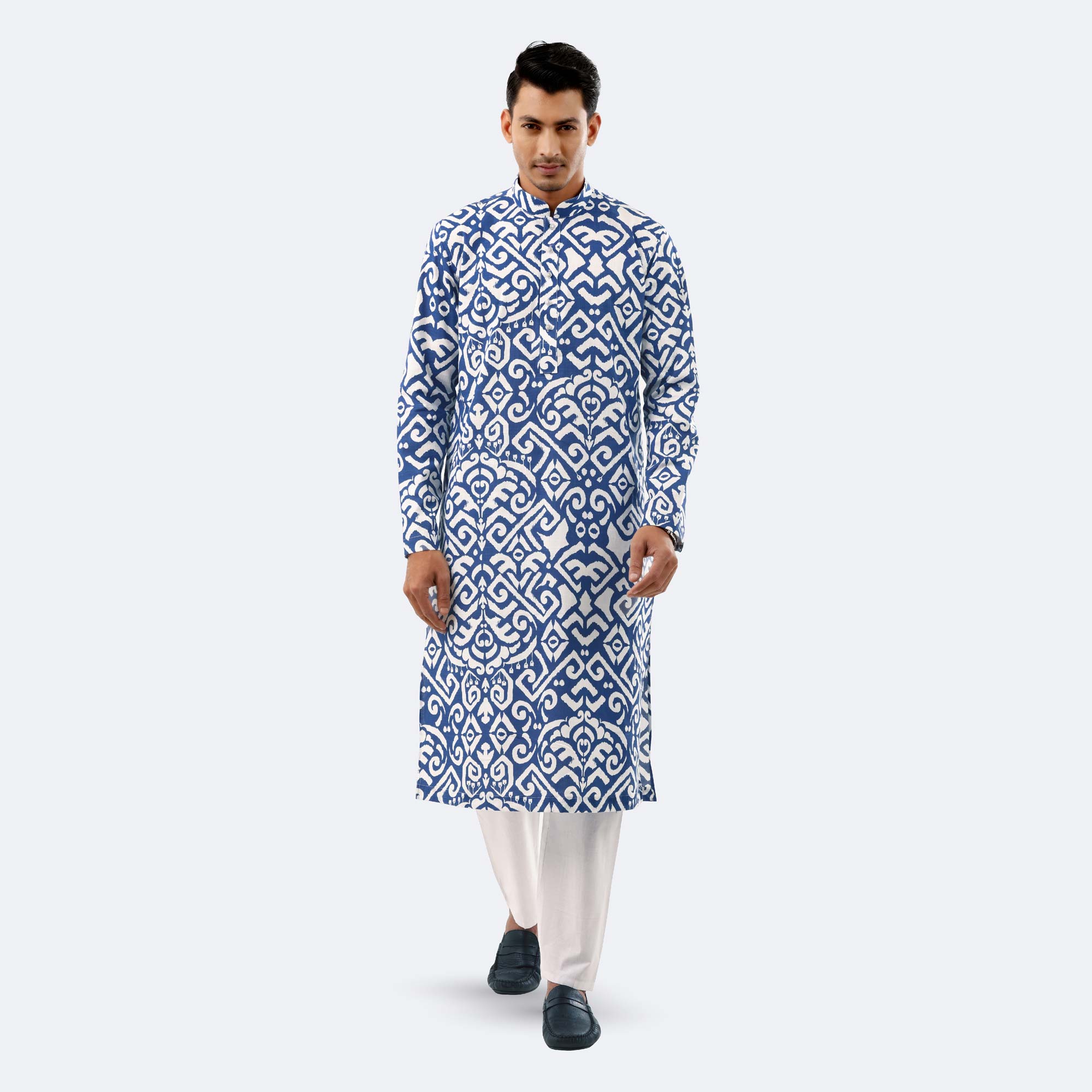 Bold Blue & White Geometric Print Cotton  Panjabi