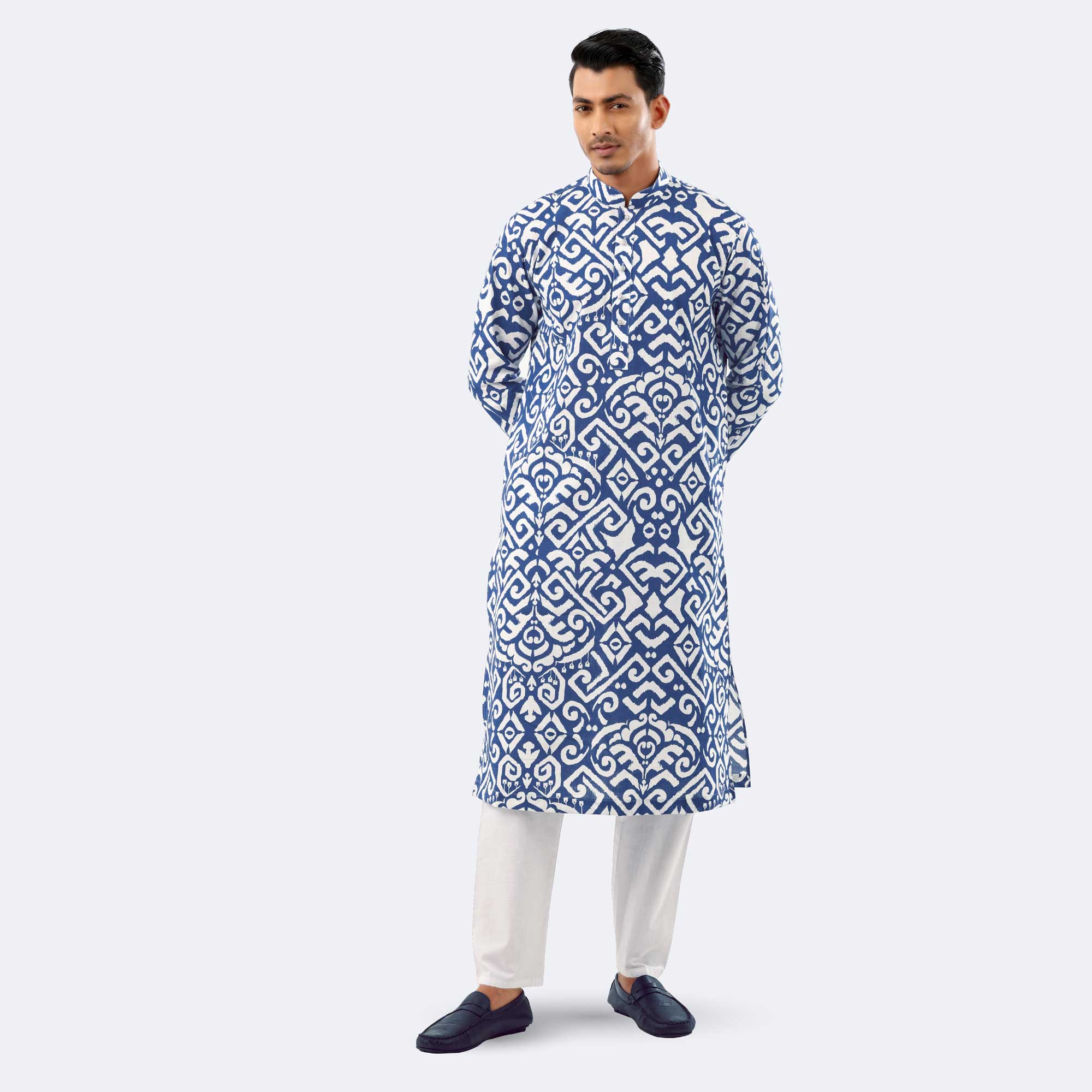 Bold Blue & White Geometric Print Cotton  Panjabi