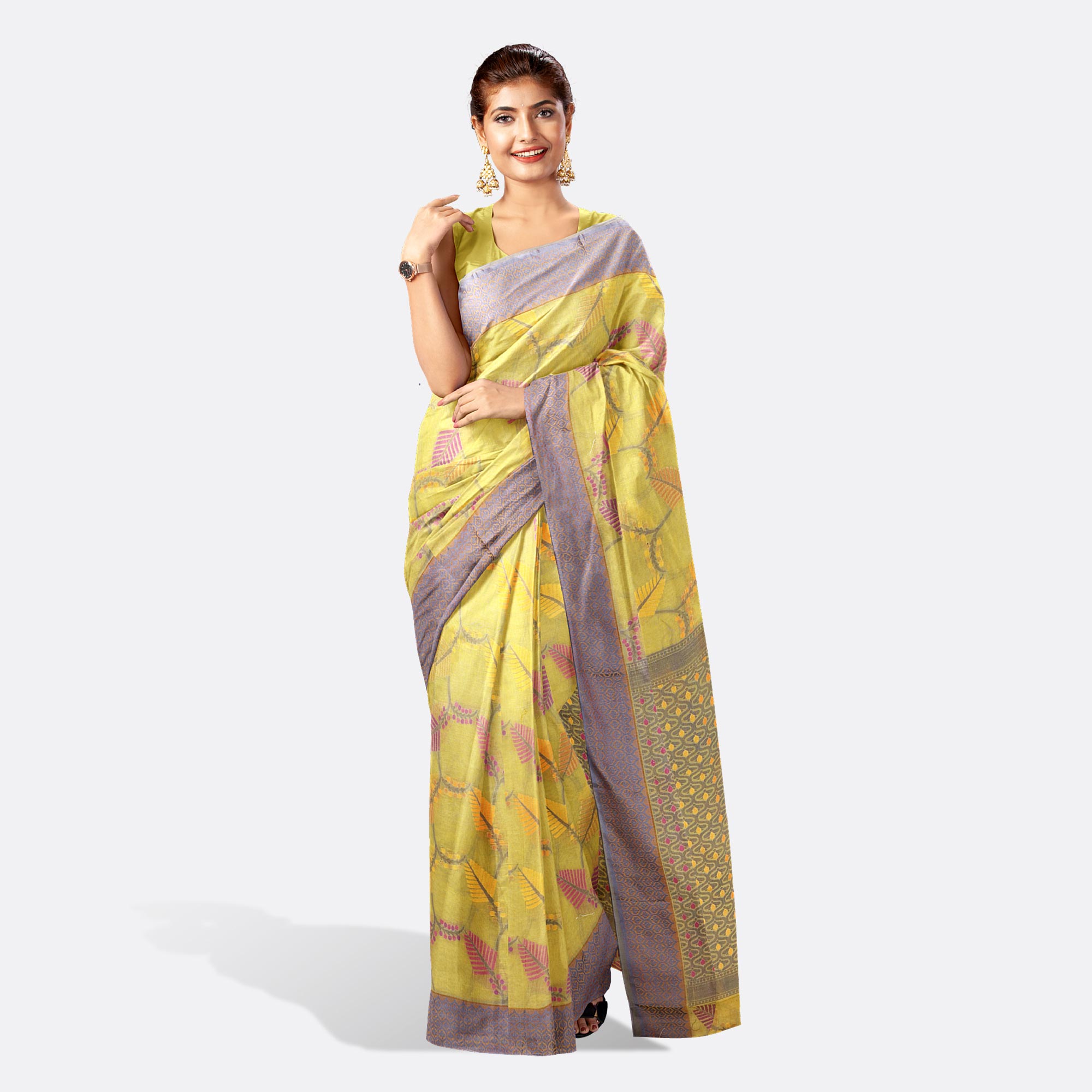 Pastel Yellow Color Half Silk Saree