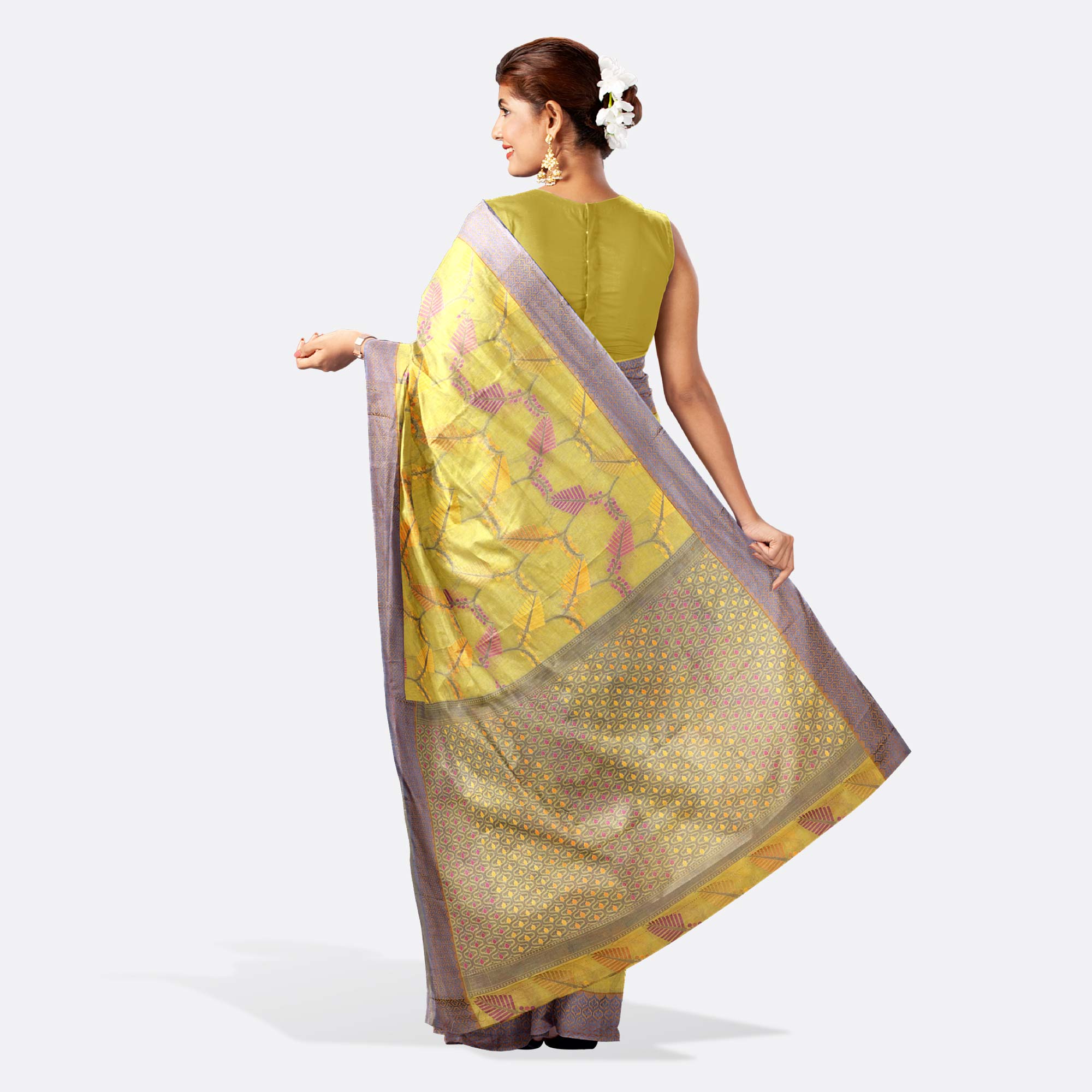 Pastel Yellow Color Half Silk Saree