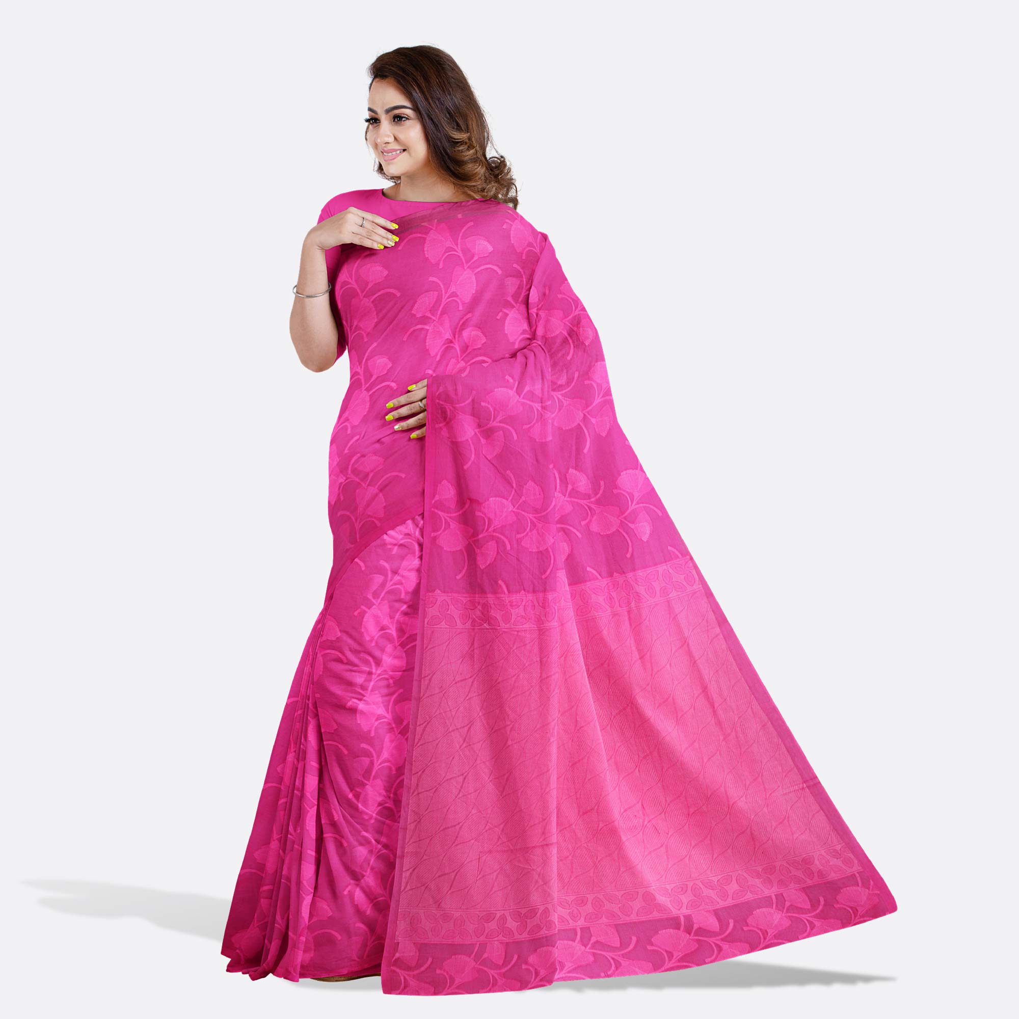 Vibrant Magenta Pink Half Silk Saree