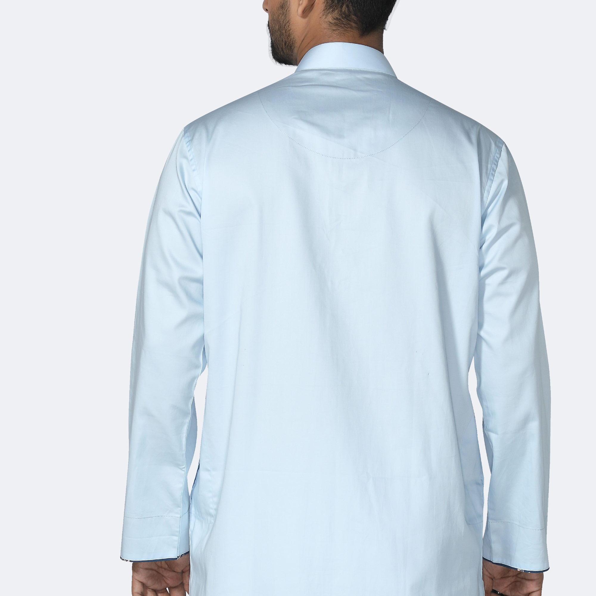 Men's Sky Blue Solid Color Panjabi with Tuning Cuff