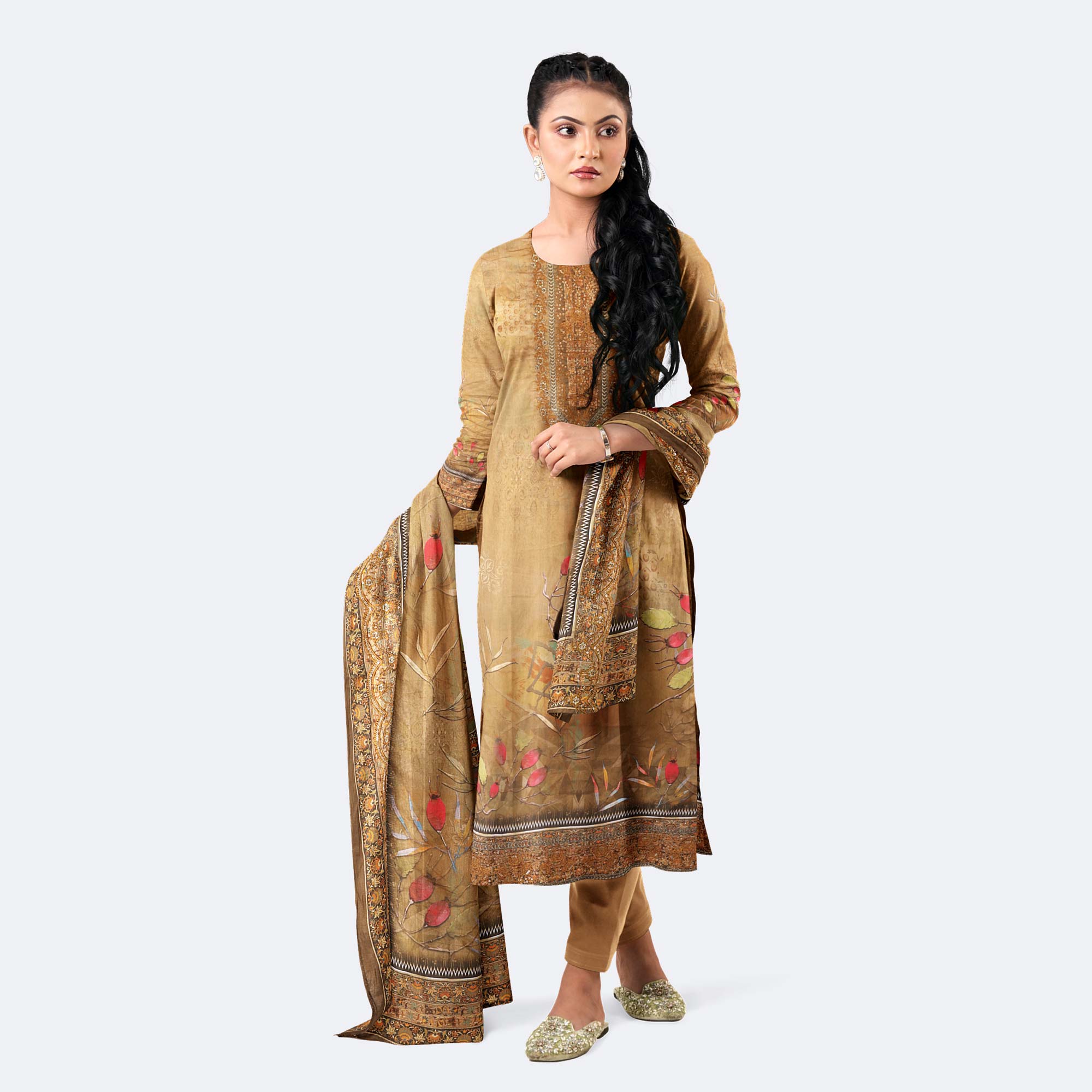 Elegant Light Brownish-Orange Digital Printed Cotton Salwar Kameez