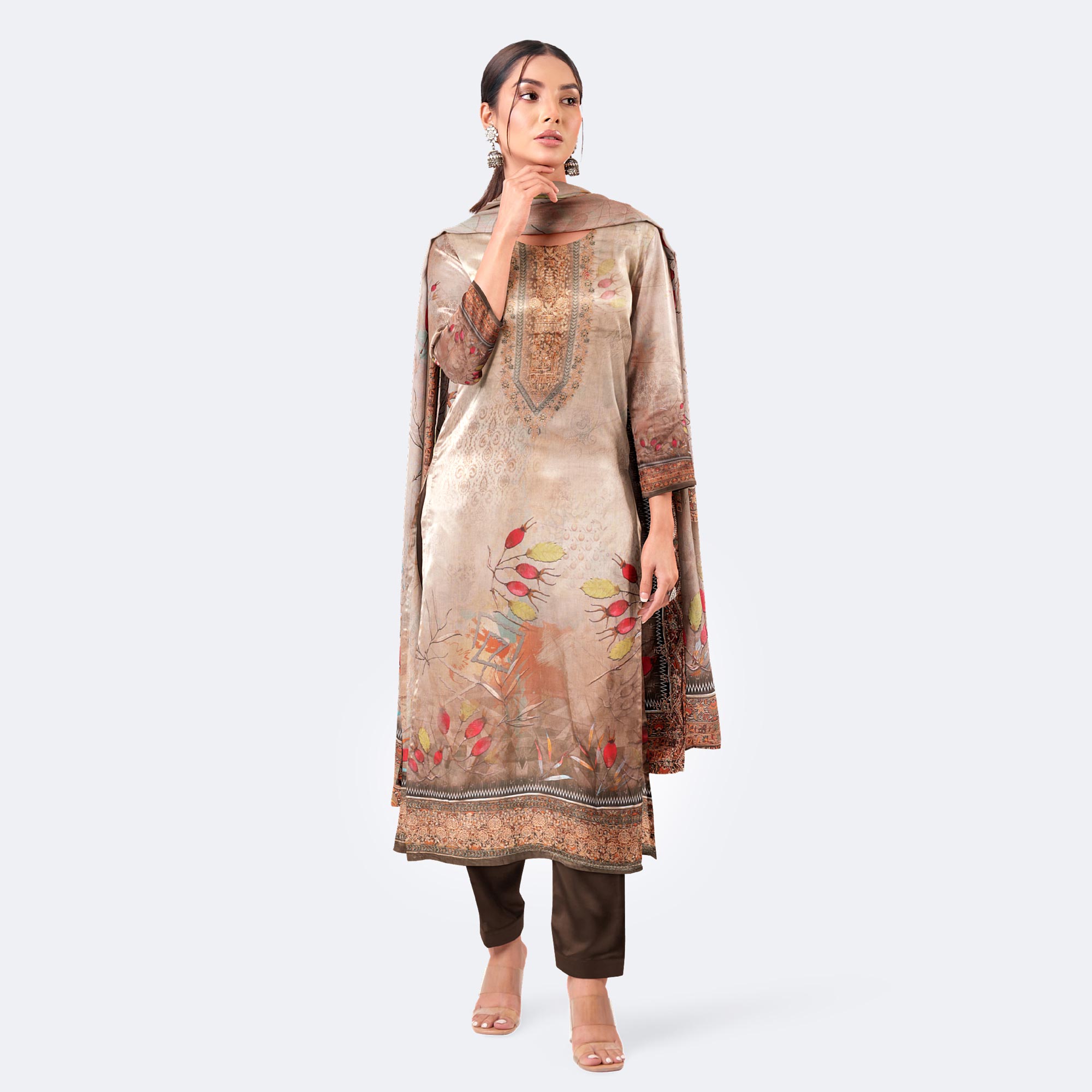 Elegant Beige & Brown Digital Printed Cotton Salwar Kameez