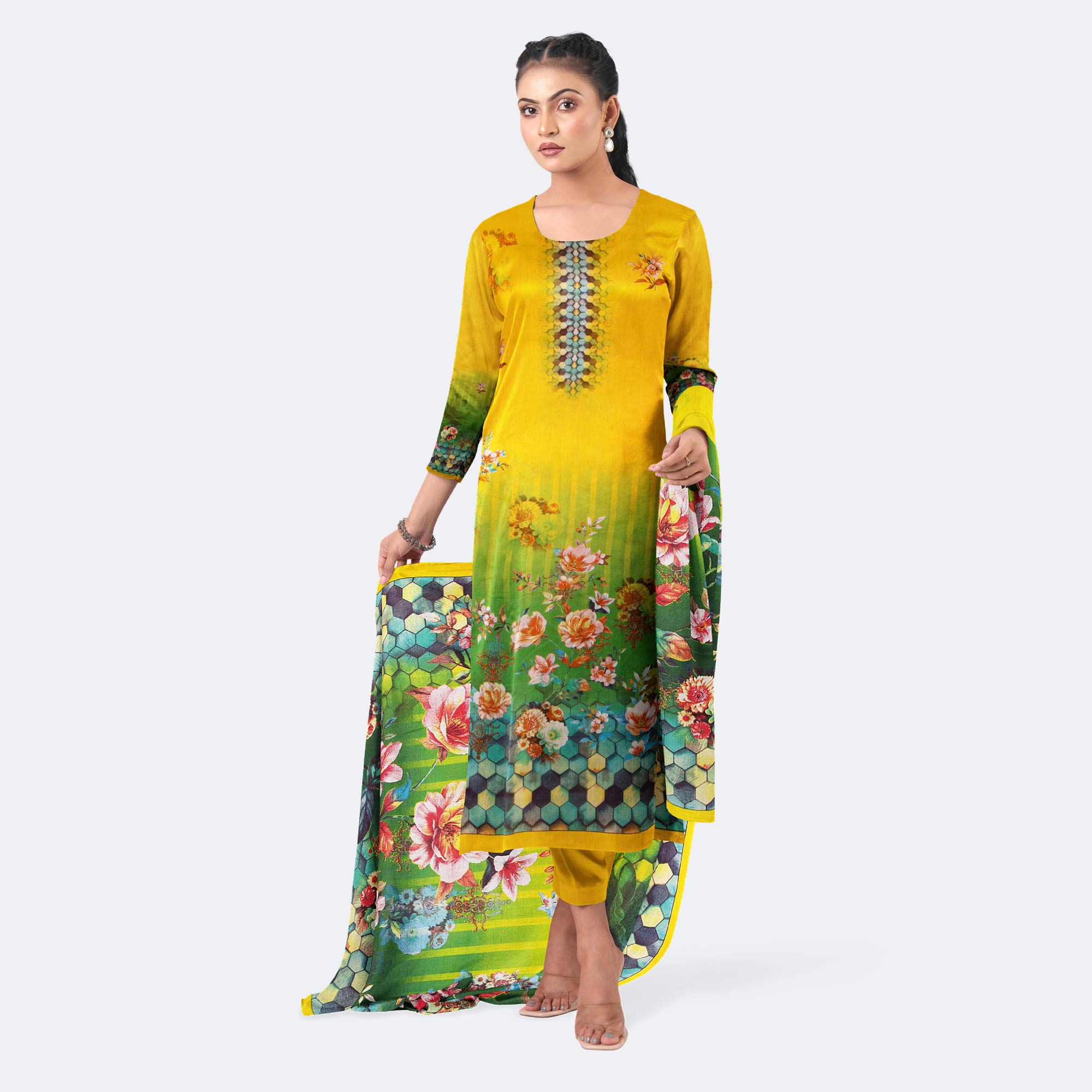 Yellow & Green Digital Printed Cotton Salwar Kameez