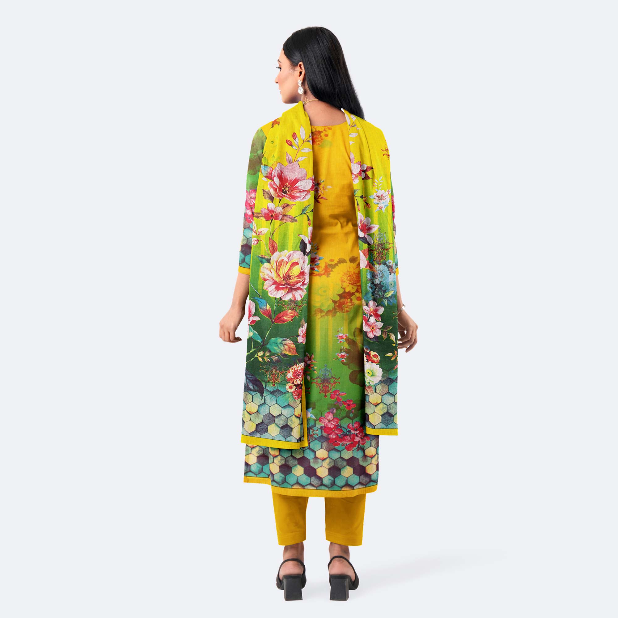 Yellow & Green Digital Printed Cotton Salwar Kameez