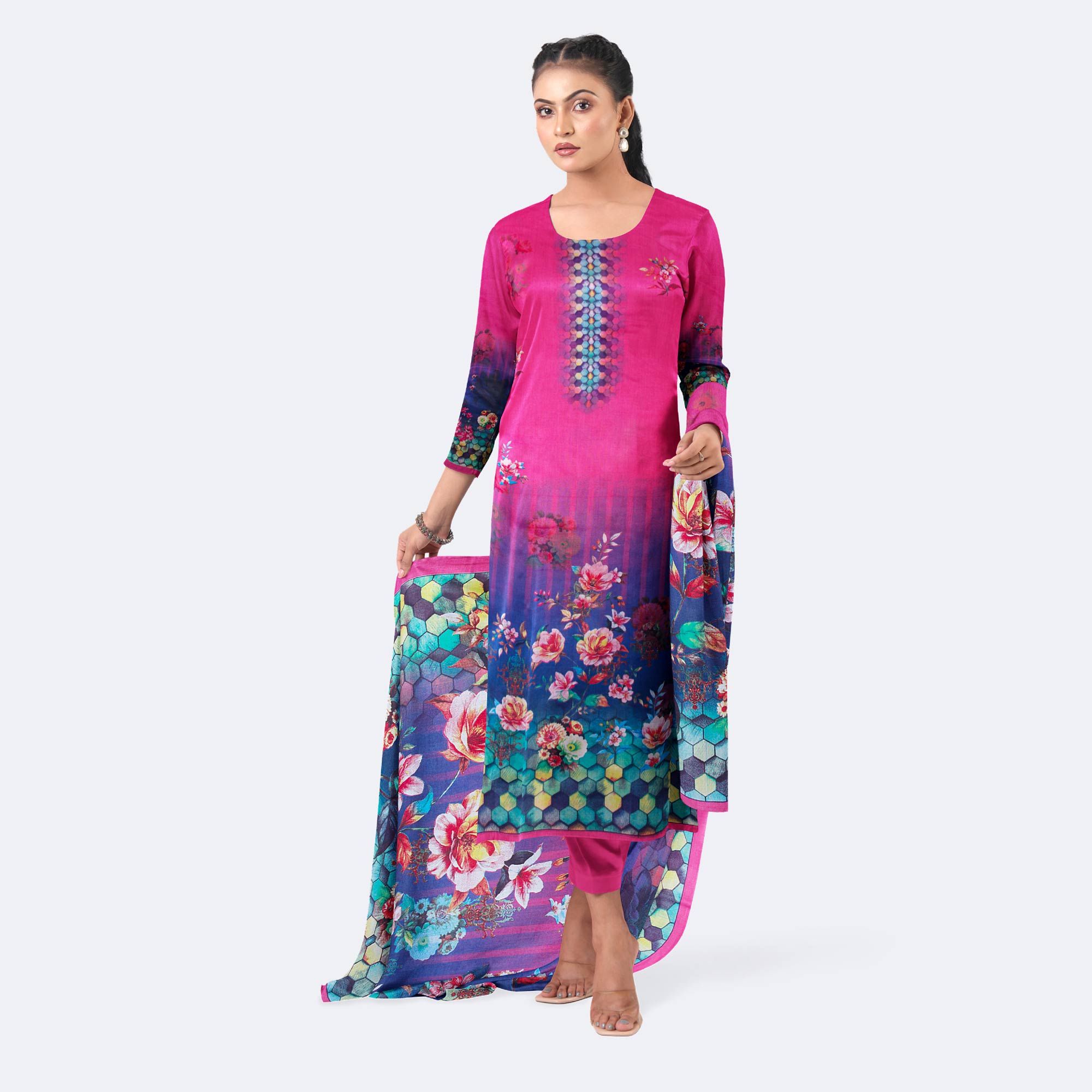 Pink & Blue Digital Printed Cotton Salwar Kameez