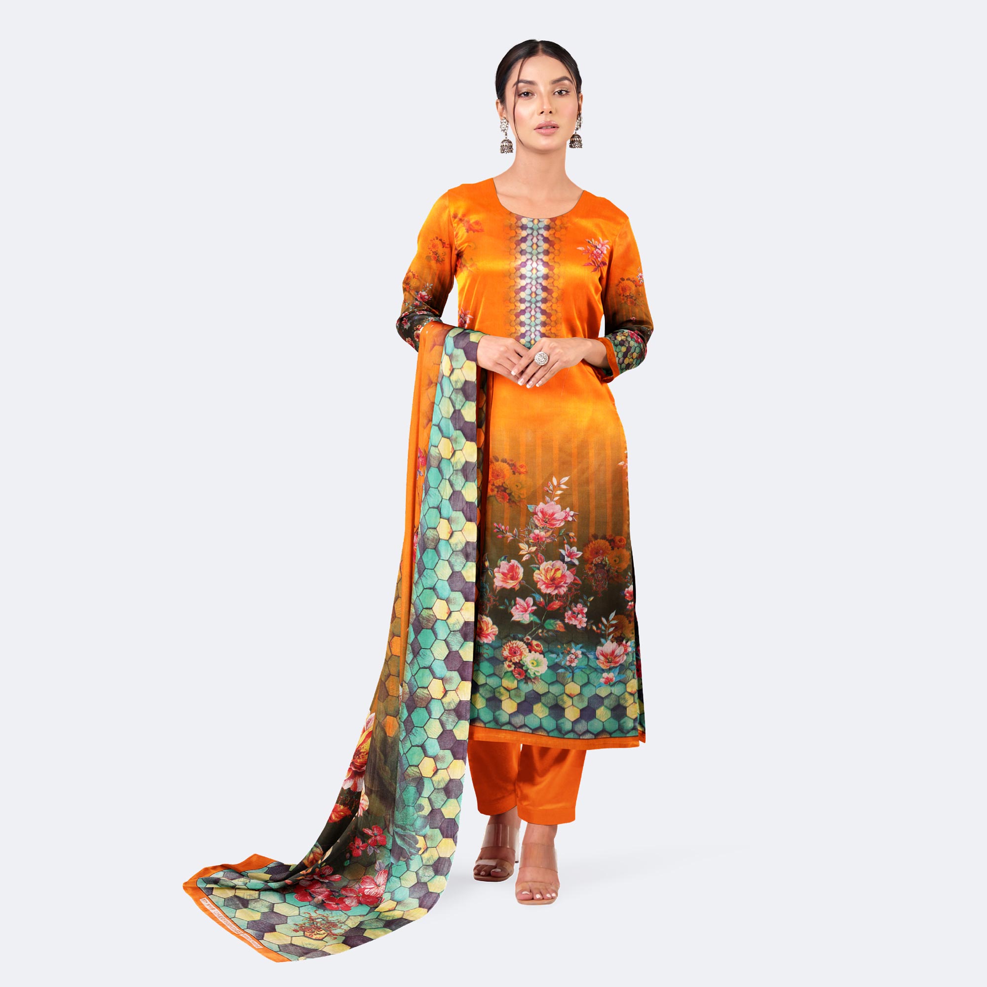 Orange color Digital Printed Cotton Salwar Kameez