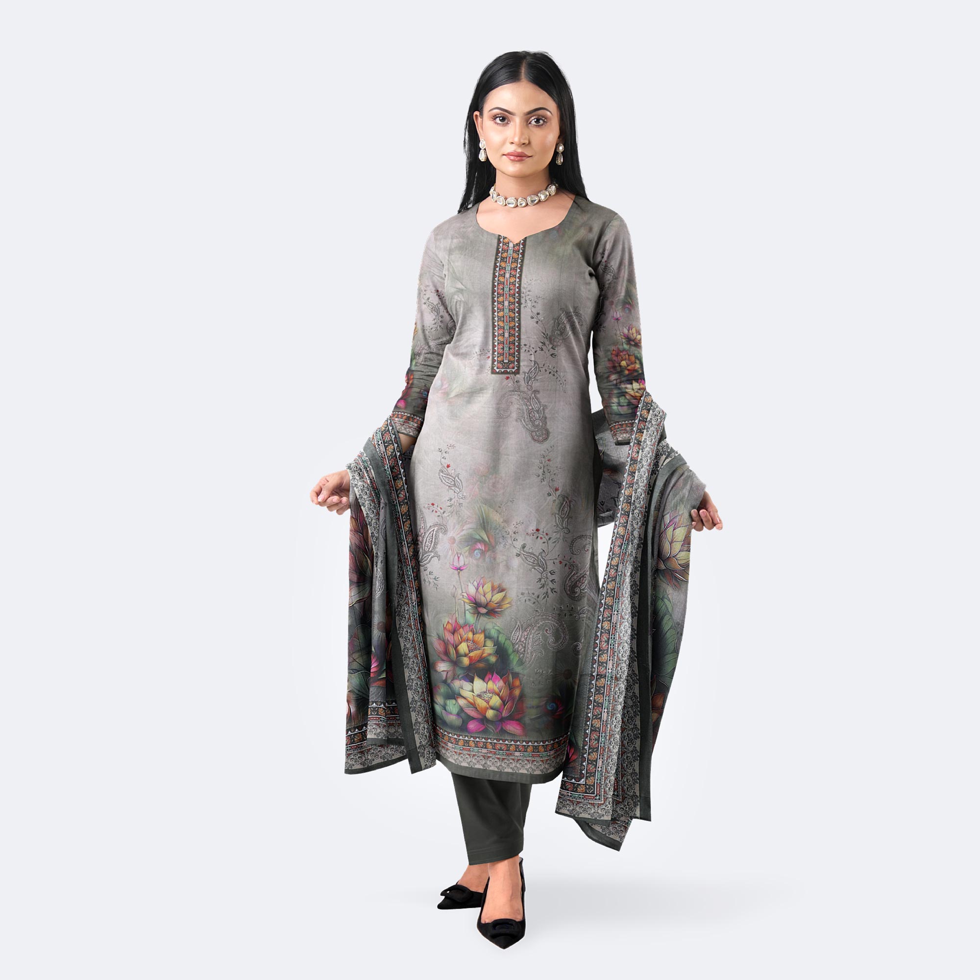 Warm Gray Digital Printed Premium Cotton Salwar Kameez