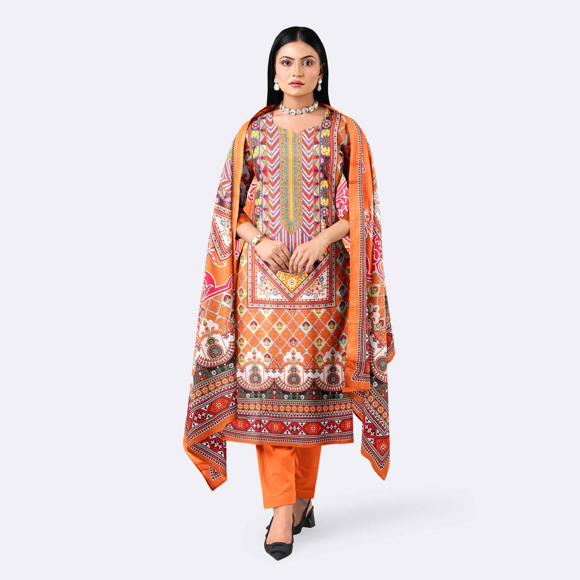 Burnt Coral Digital Print Premium Cotton Salwar Kameez