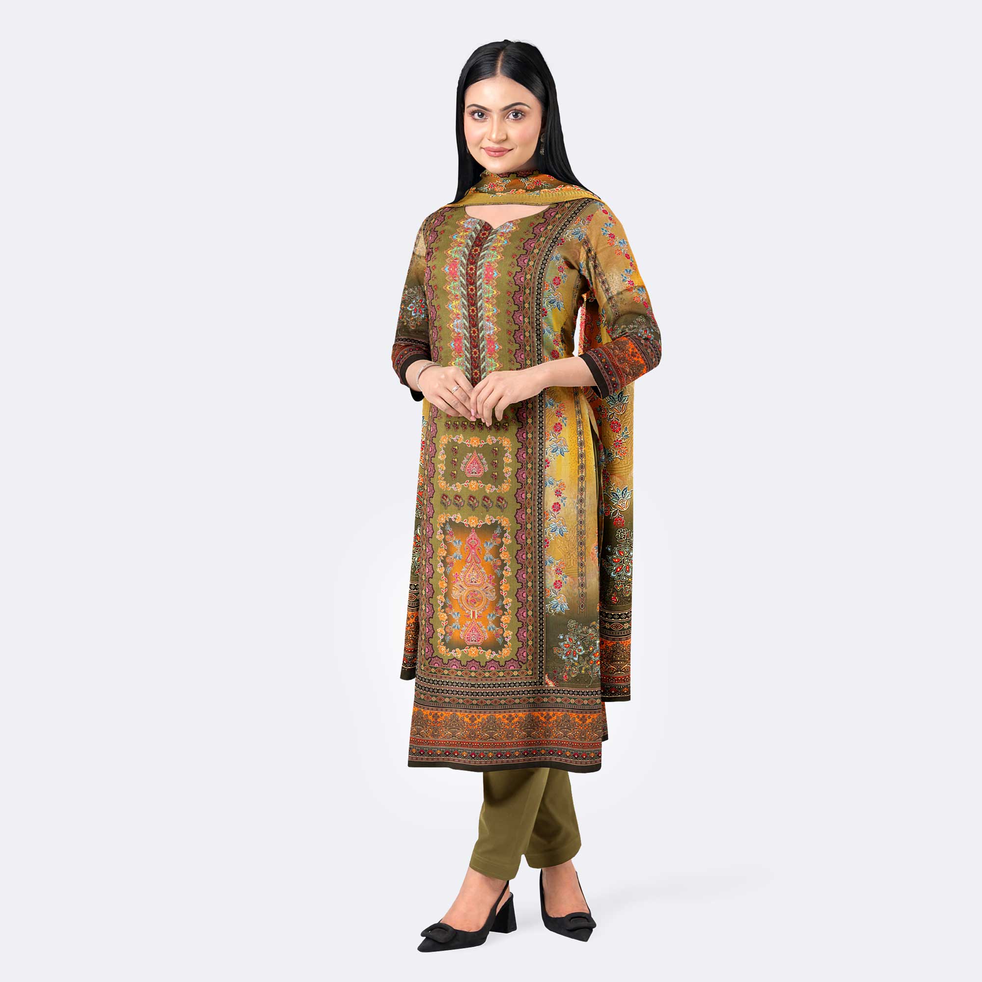 Olive Green Digital Print Premium Cotton Salwar Kameez