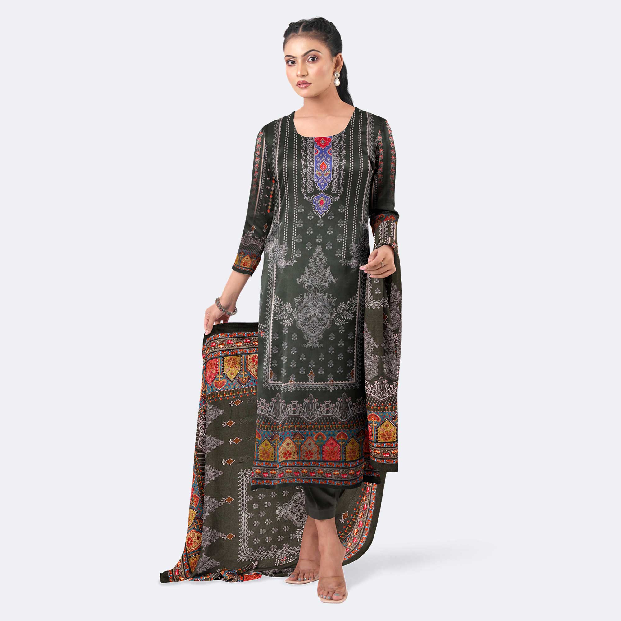 Deep Olive Green Digital Print Premium Cotton Salwar Kameez